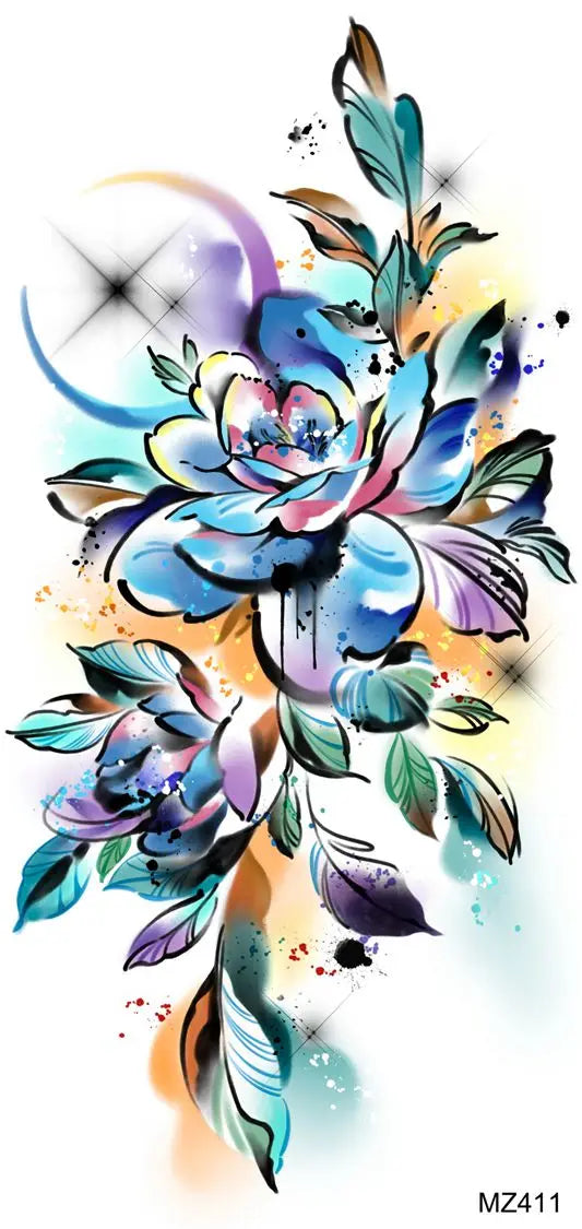 2pcs Watercolor Peony Rose Butterfly Temporary Tattoo Stickers