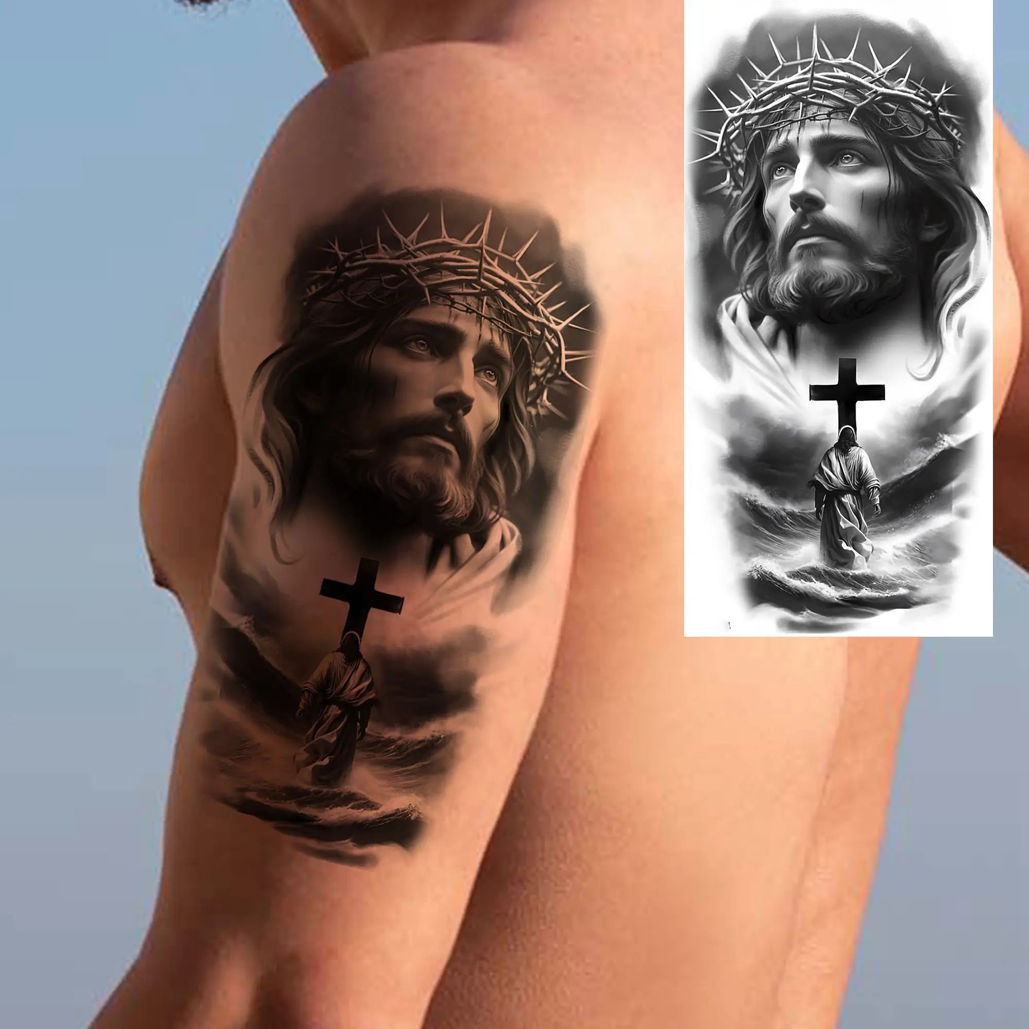 1 Sheet Zeus Jesus Skull Arm Temporary Tattoo Stickers – Waterproof Fake Sleeve Tattoo for Arm and Leg