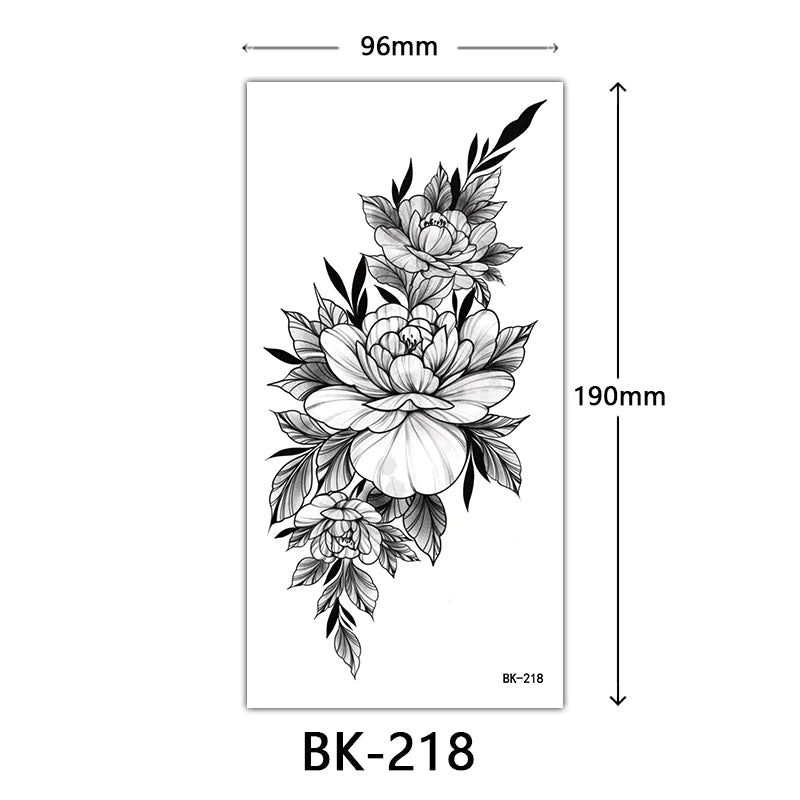 Black Floral Temporary Tattoo Stickers – Waterproof Fake Flower Tattoos for Hand, Arm, Body