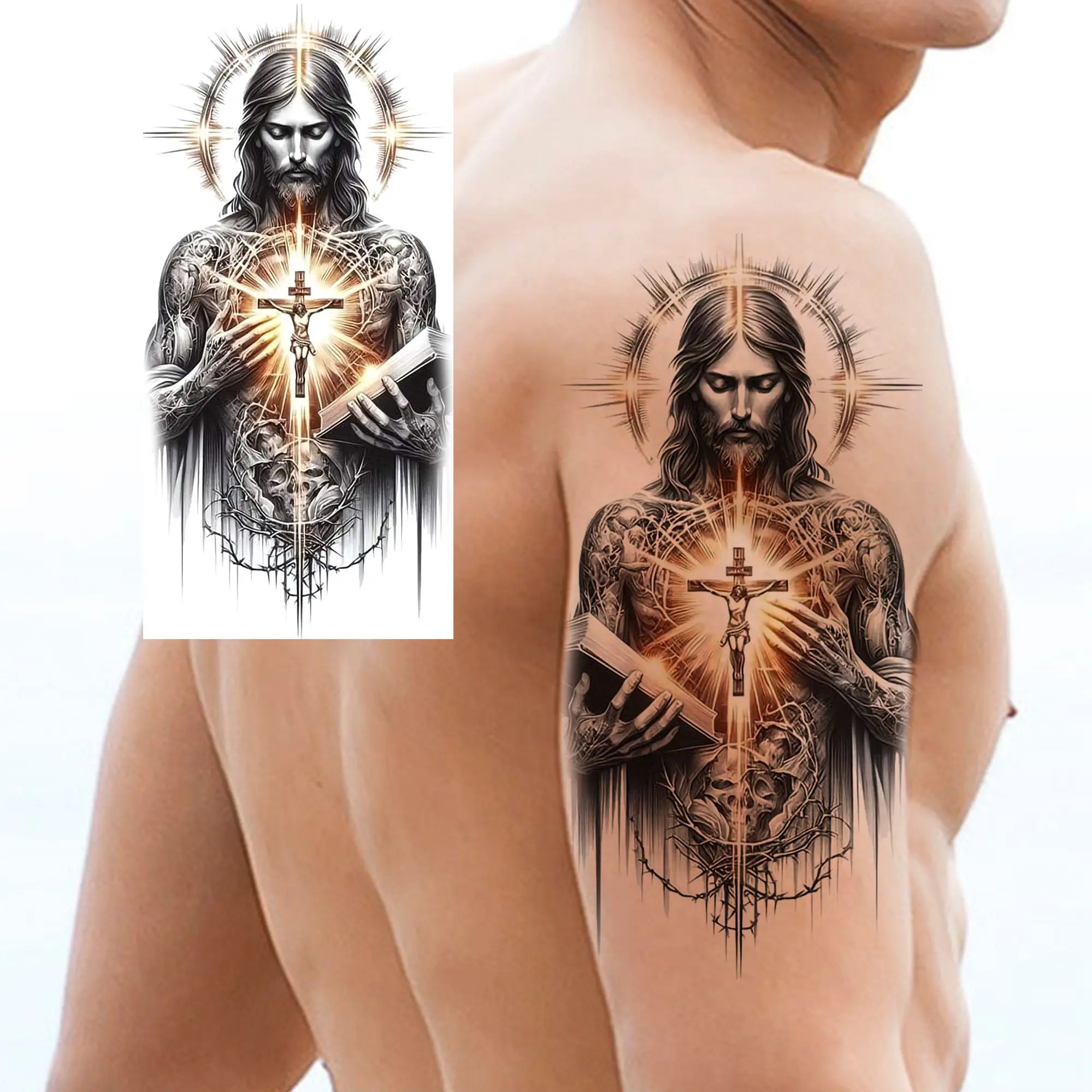 1pc Black Jesus Mary Cross Temporary Tattoo Stickers – Realistic Christian Prayer Tattoo Waterproof