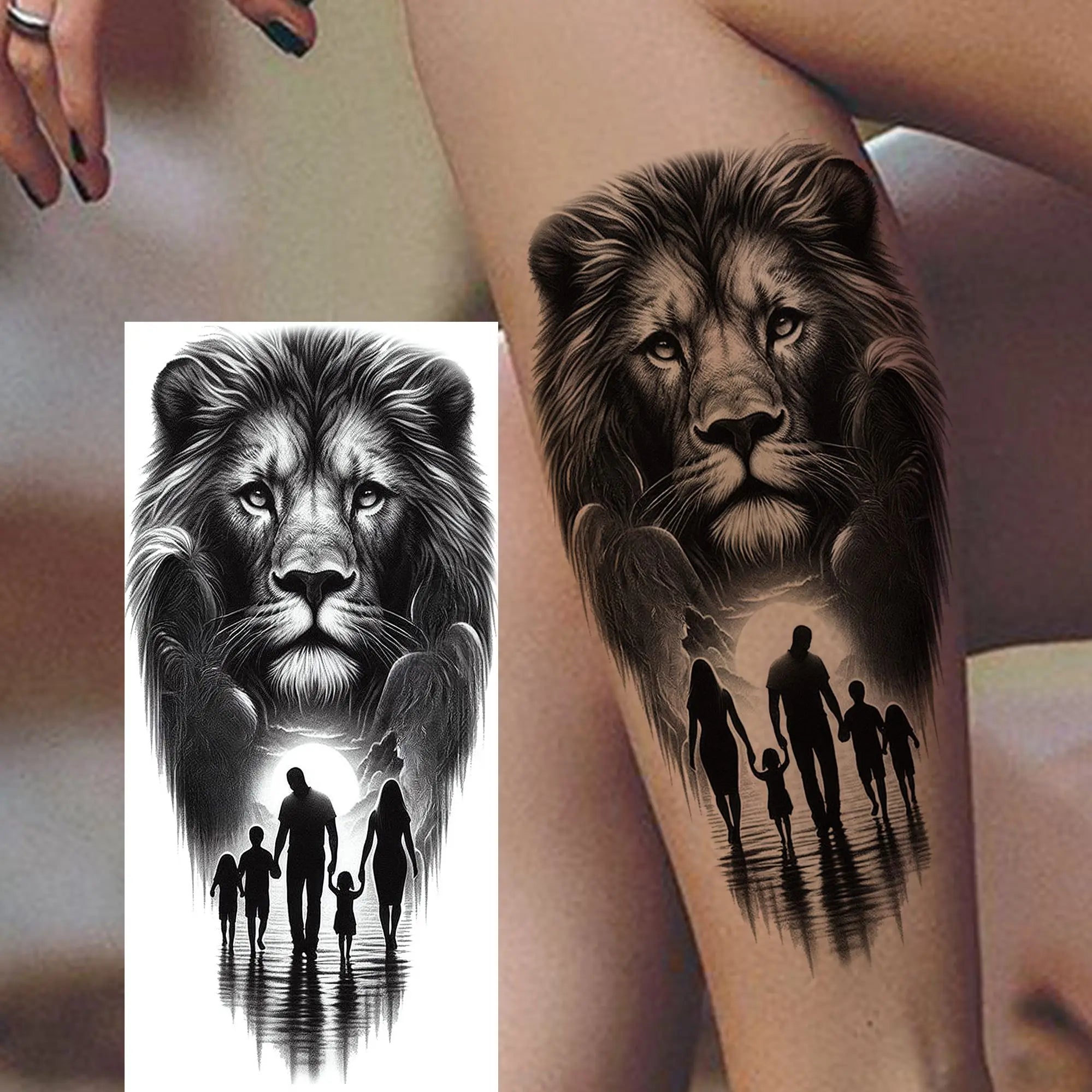 1pc Black Animal Realism Temporary Tattoo Stickers - Tiger Lion Wolf Clock Skull Eye