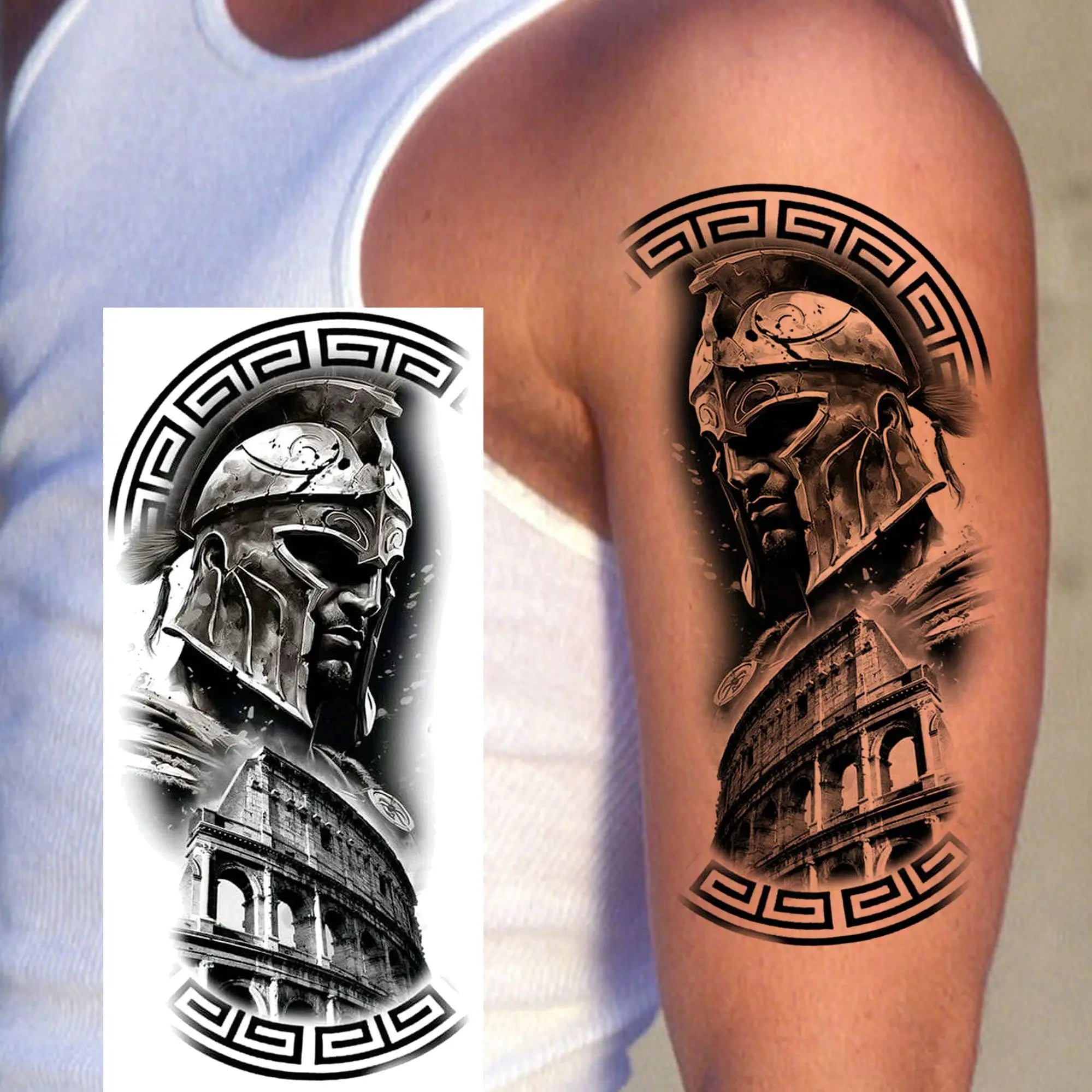 1pc Black Warrior Spartan Temporary Tattoo Stickers – Gladiator Helmet Lion Wolf Armor Design