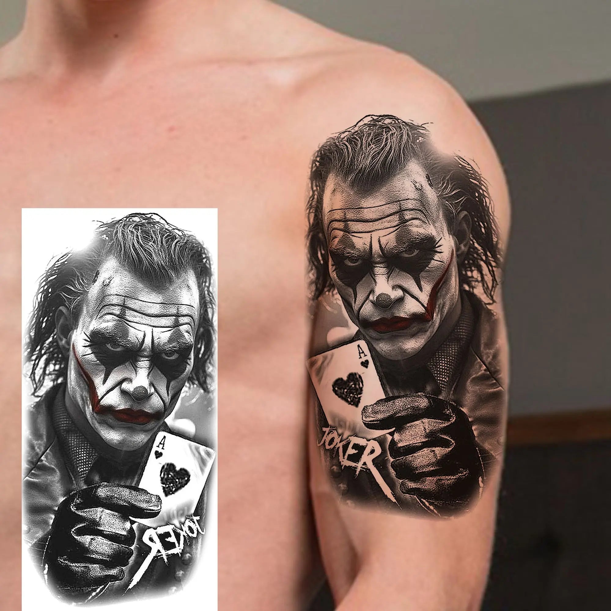 1 Sheet Gangster Joker Mask Poker Temporary Tattoo – Waterproof Fake Sleeve for Arm, Realistic Robber Rebel Design