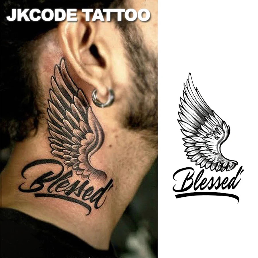 2 Sheets Herbal Wing & Letter Temporary Tattoo Stickers – Waterproof Graffiti Style Neck & Hand Fake Tattoos