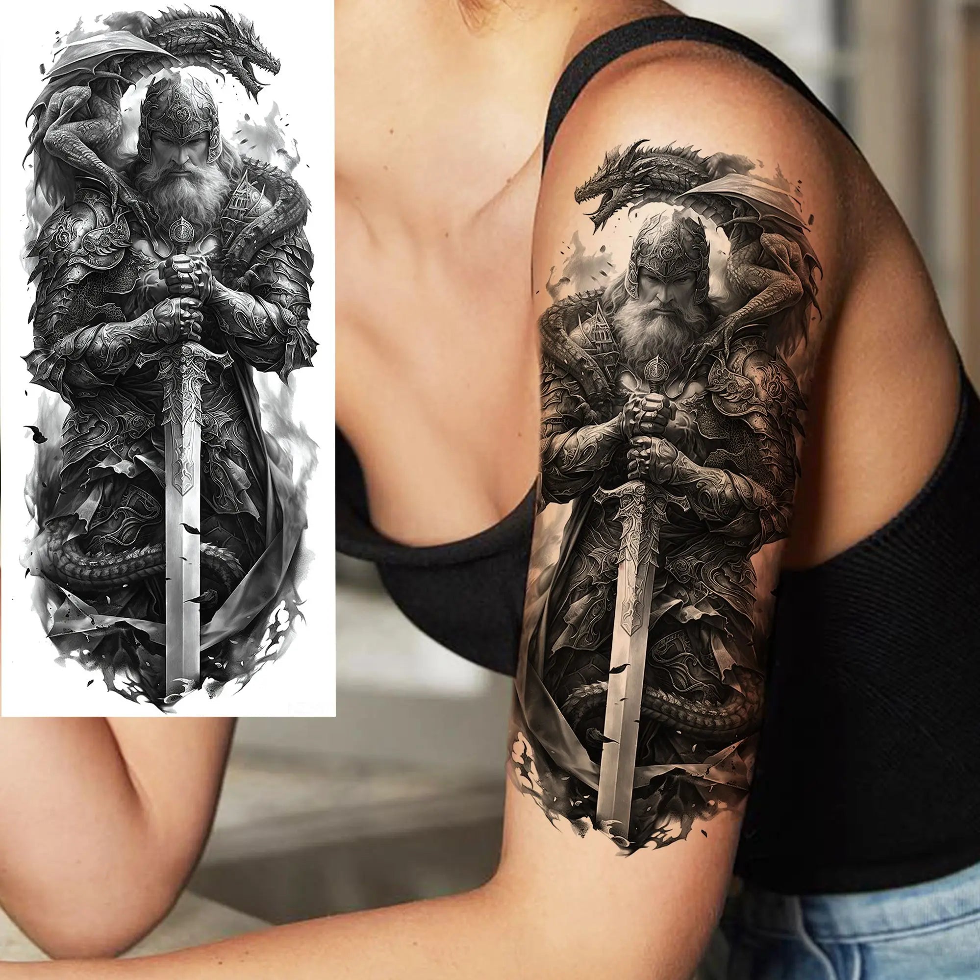 1pc Black Warrior Spartan Temporary Tattoo Stickers – Gladiator Helmet Lion Wolf Armor Design