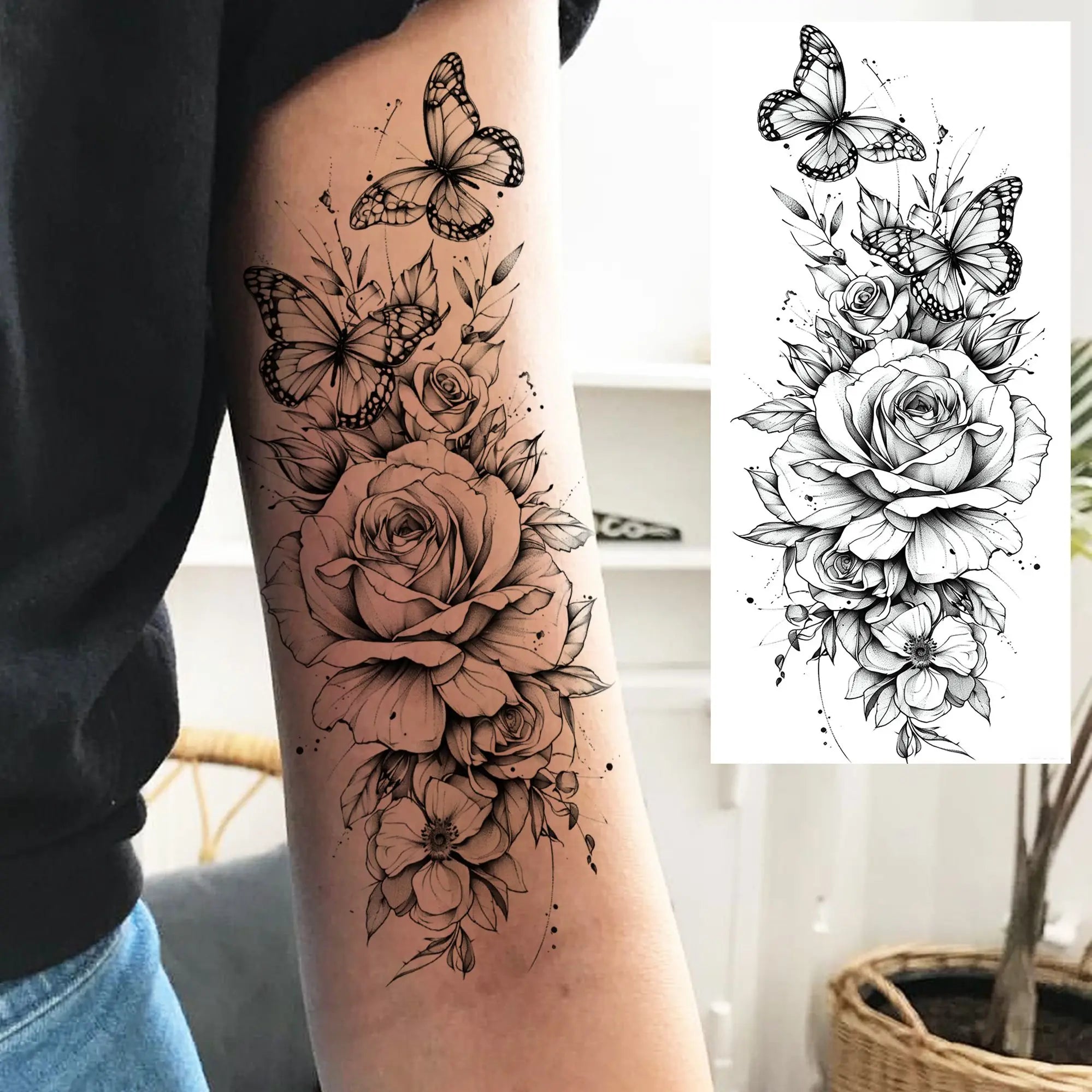3D Rose Butterfly Temporary Tattoo – Waterproof Phoenix Flower Fake Tattoo Sticker