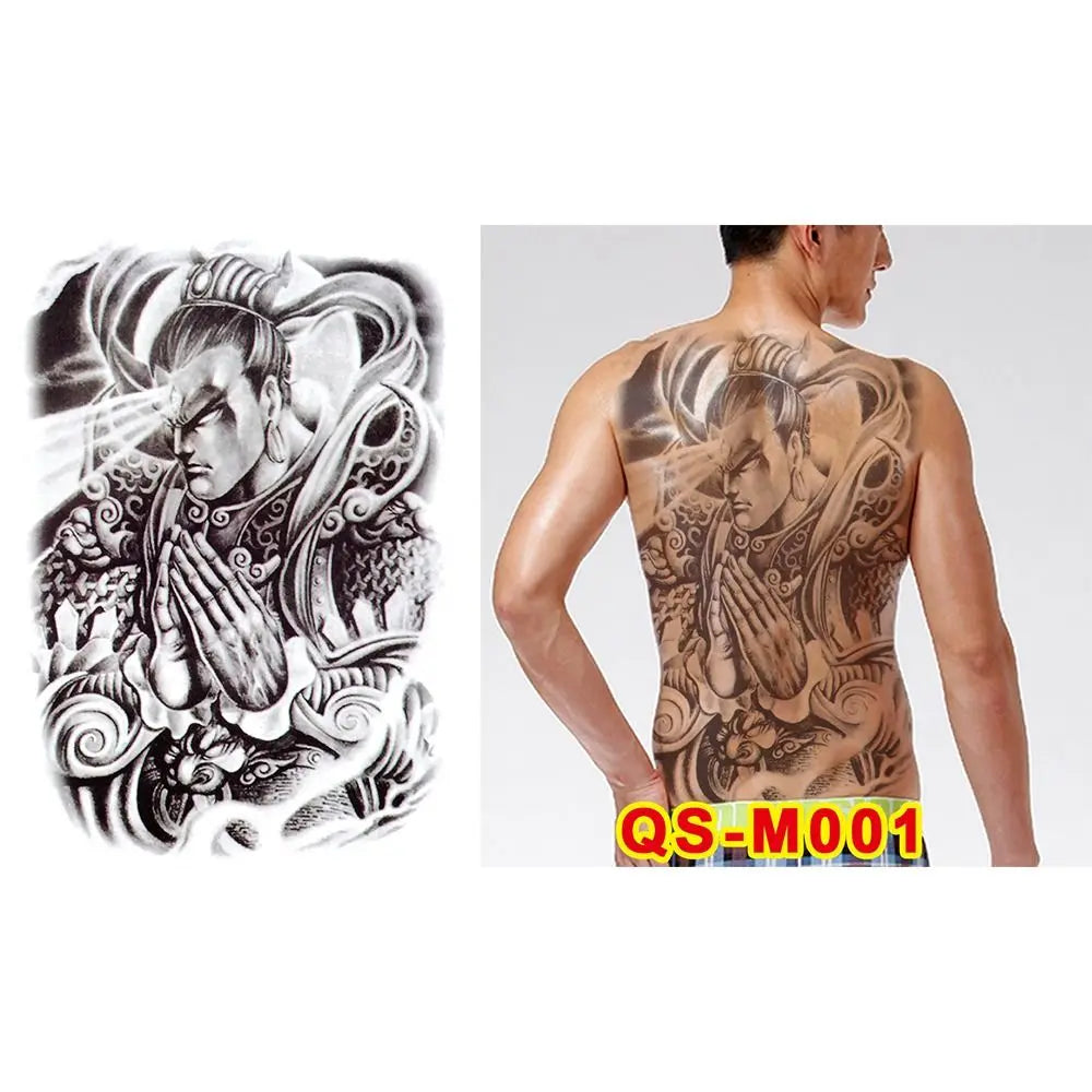 Full Back Water Transfer Tattoo Stickers – Angel Wings, Cross, Warrior Style Fake Tattoo for Men