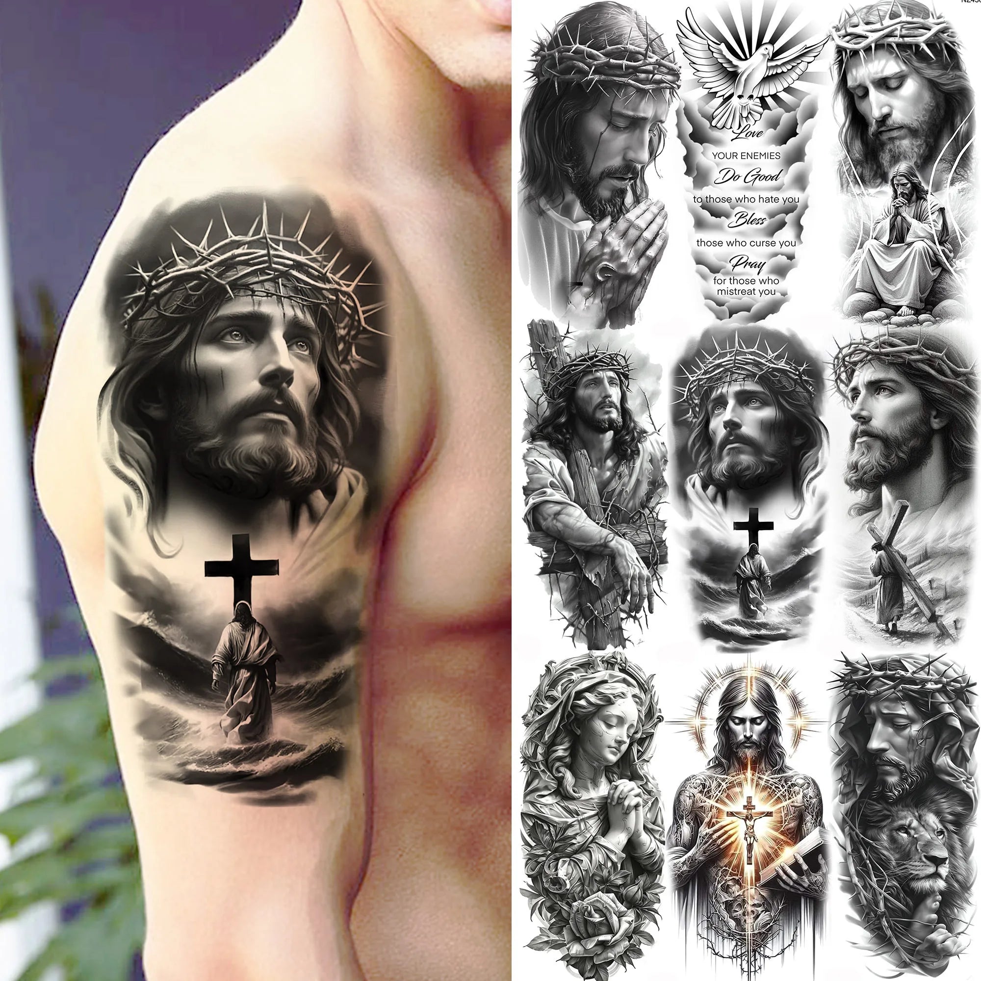 1pc Black Jesus Mary Cross Temporary Tattoo Stickers – Realistic Christian Prayer Tattoo Waterproof