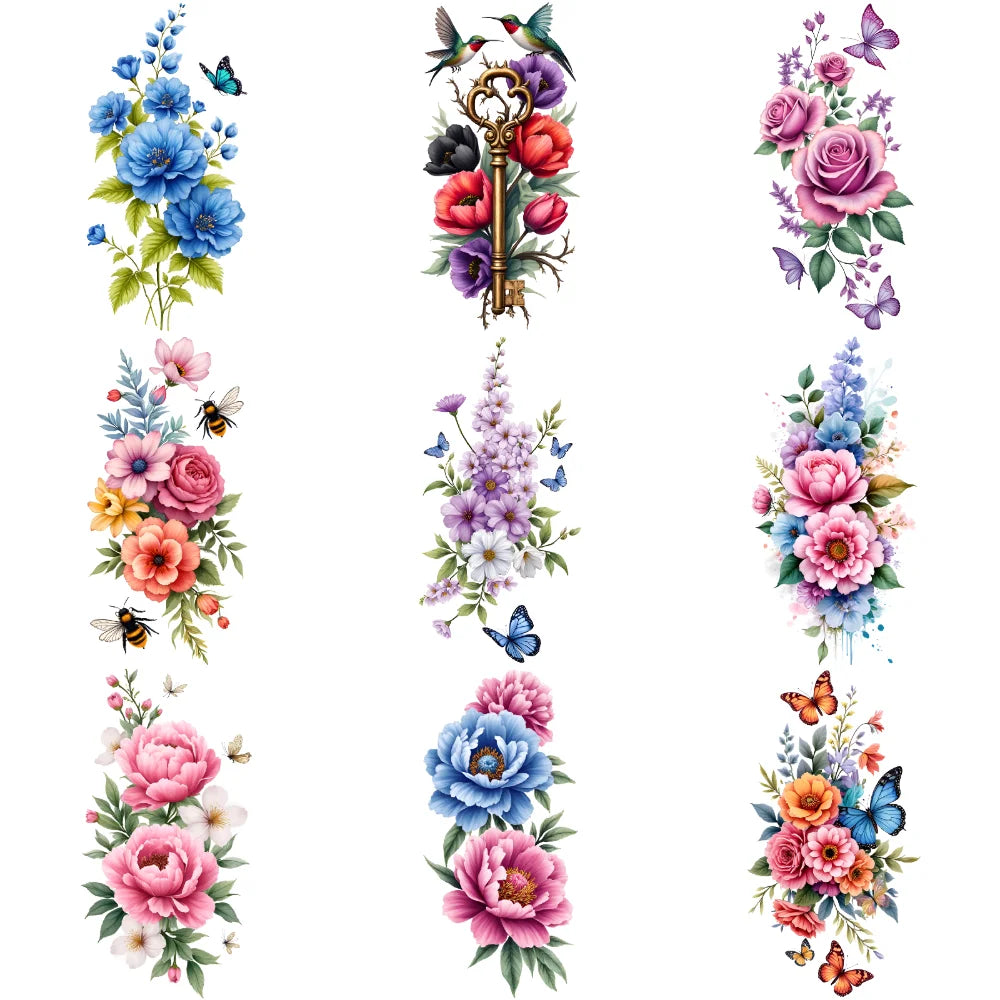 9pcs Colorful Flower Temporary Tattoo Stickers – Waterproof Floral Body Art for Neck, Back, Shoulder
