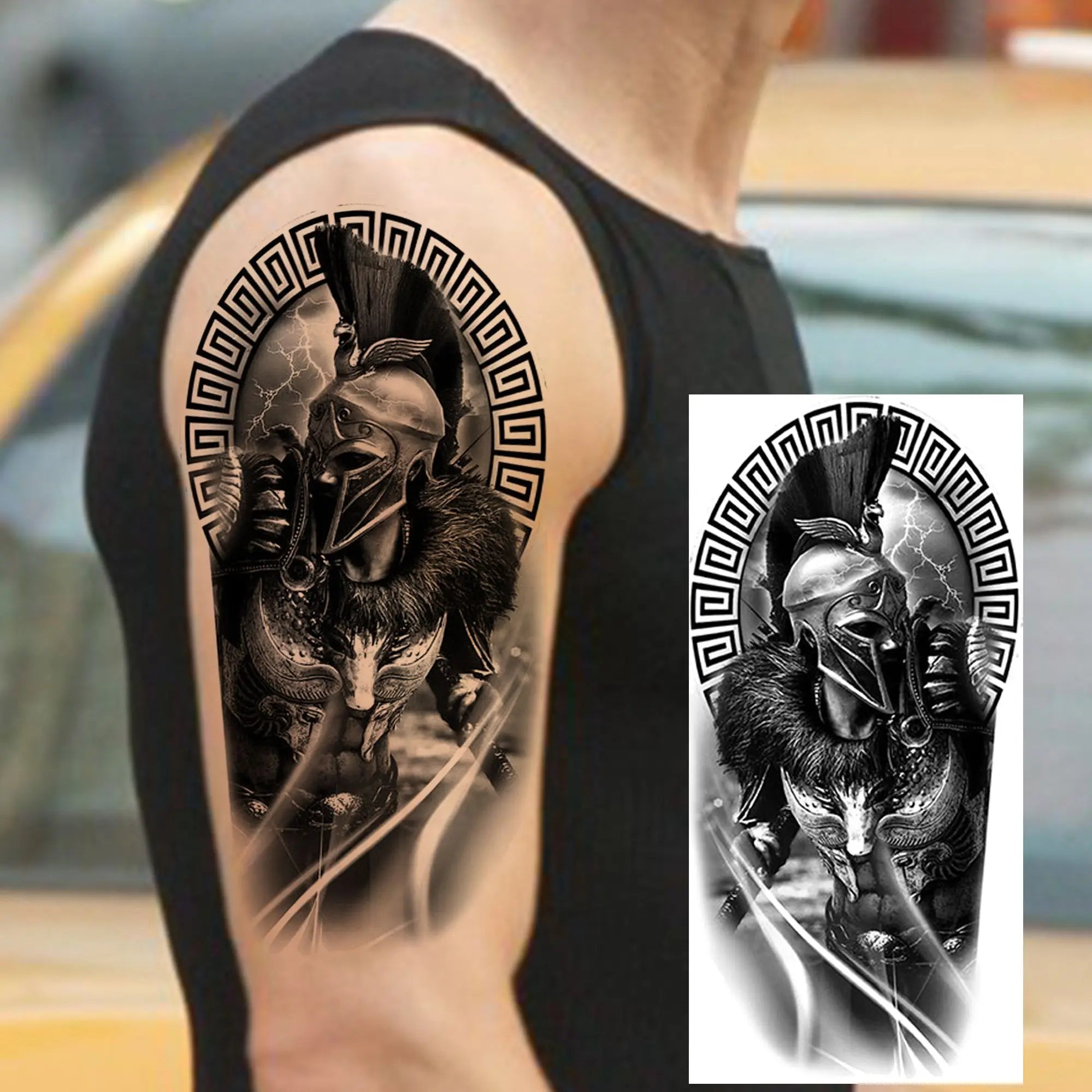 1pc Black Warrior Spartan Temporary Tattoo Stickers – Gladiator Helmet Lion Wolf Armor Design