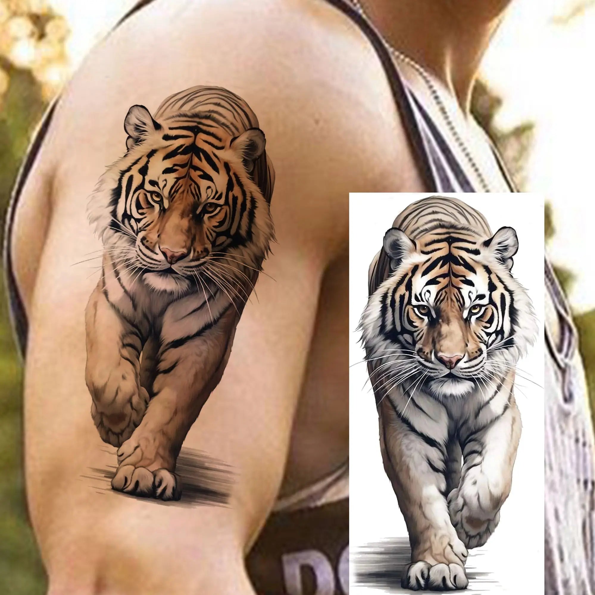 1pc Black Animal Realism Temporary Tattoo Stickers - Tiger Lion Wolf Clock Skull Eye