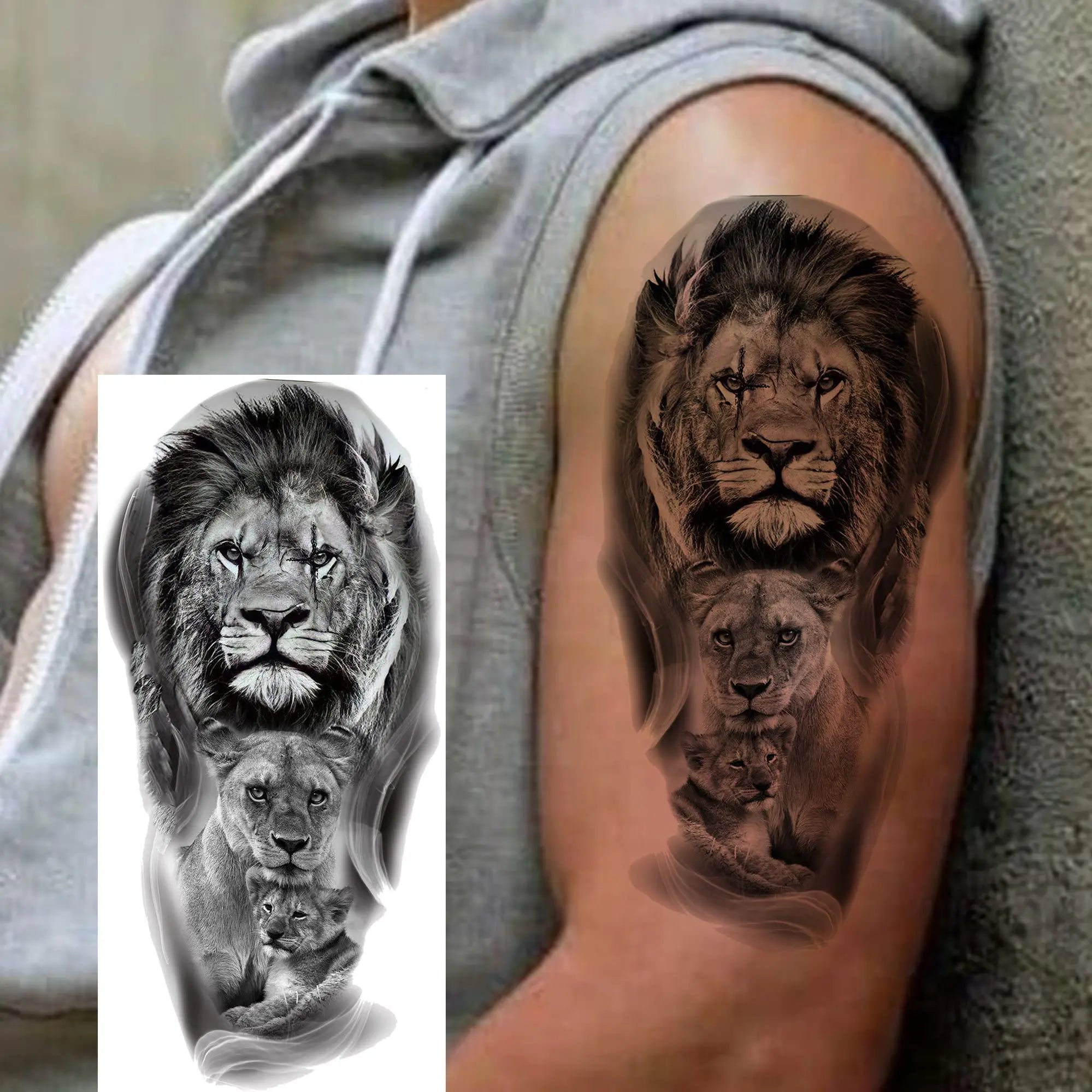 1pc Black Animal Realism Temporary Tattoo Stickers - Tiger Lion Wolf Clock Skull Eye