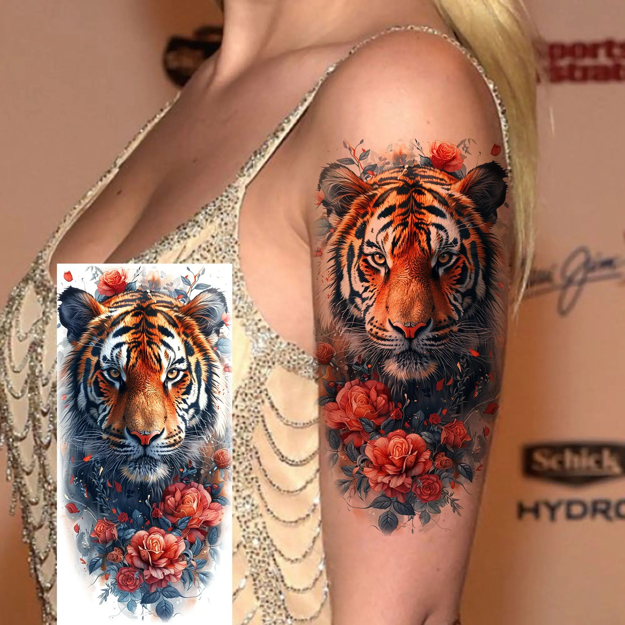 1 Sheet Watercolor Tiger Rose Temporary Tattoo Sticker – Waterproof Fake Tattoo with Floral & Bird Design