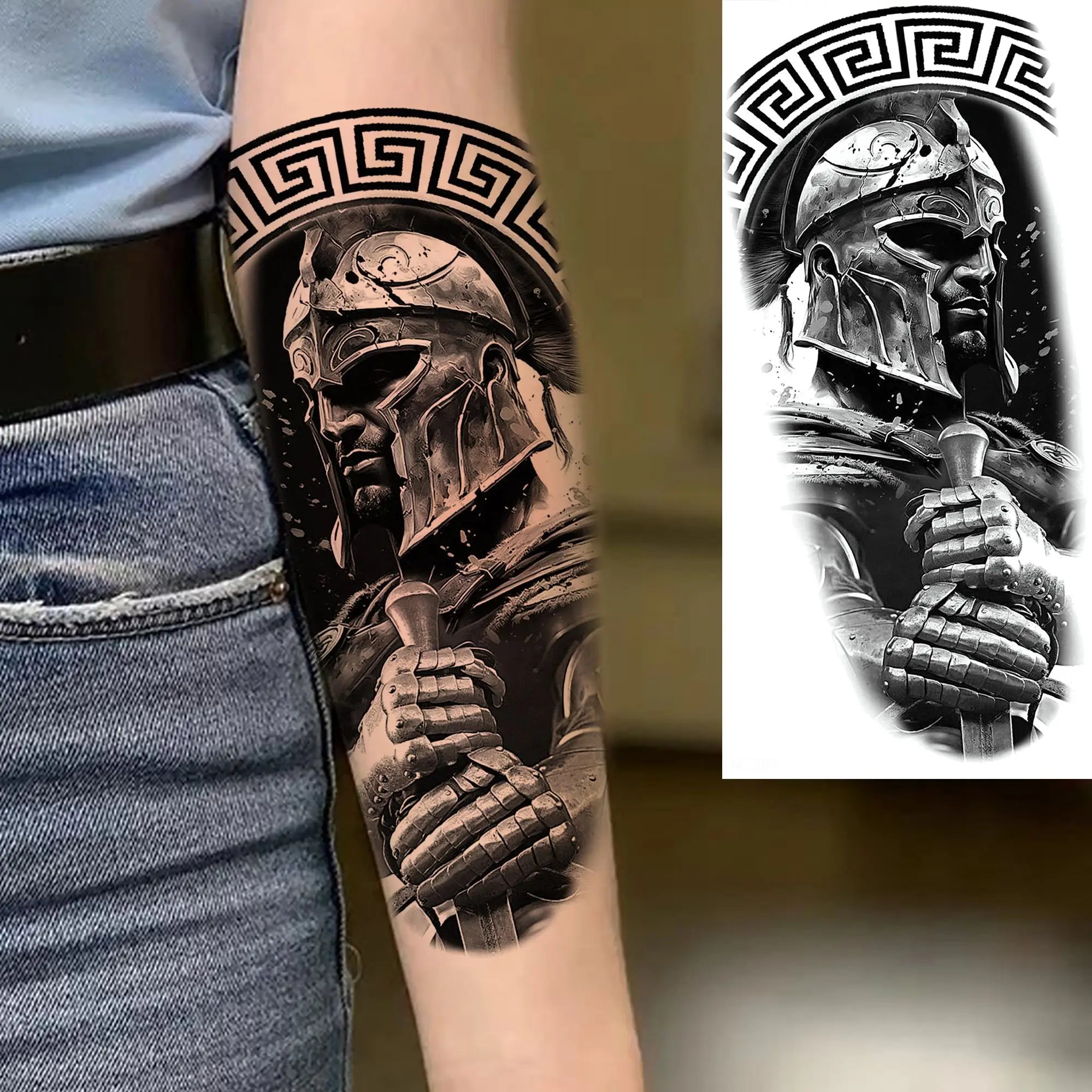 1pc Black Warrior Spartan Temporary Tattoo Stickers – Gladiator Helmet Lion Wolf Armor Design