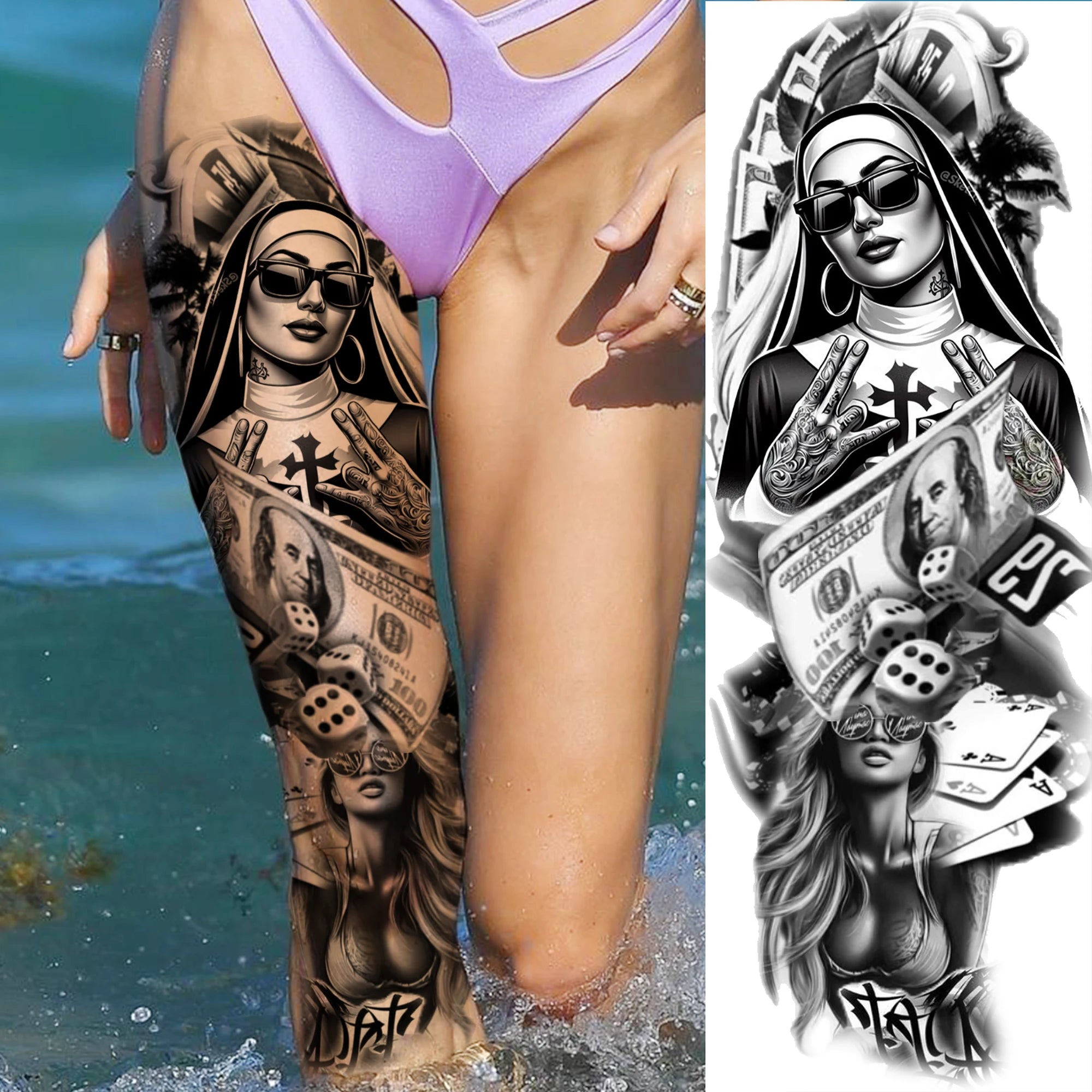 1 Sheet Zeus Jesus Skull Arm Temporary Tattoo Stickers – Waterproof Fake Sleeve Tattoo for Arm and Leg