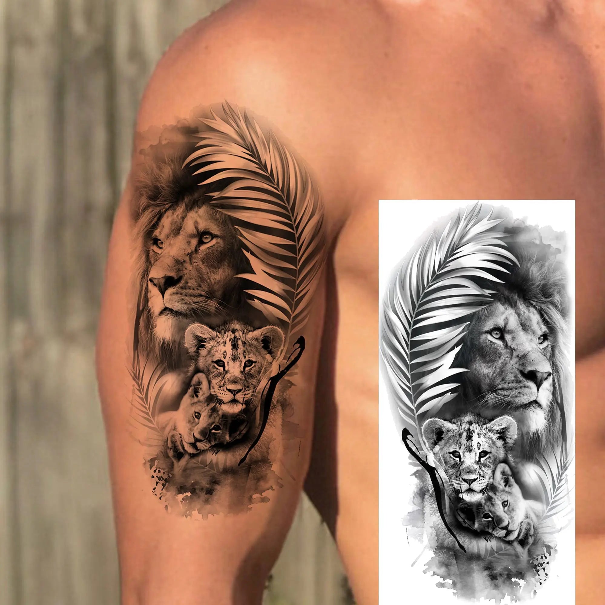 1pc Black Animal Realism Temporary Tattoo Stickers - Tiger Lion Wolf Clock Skull Eye