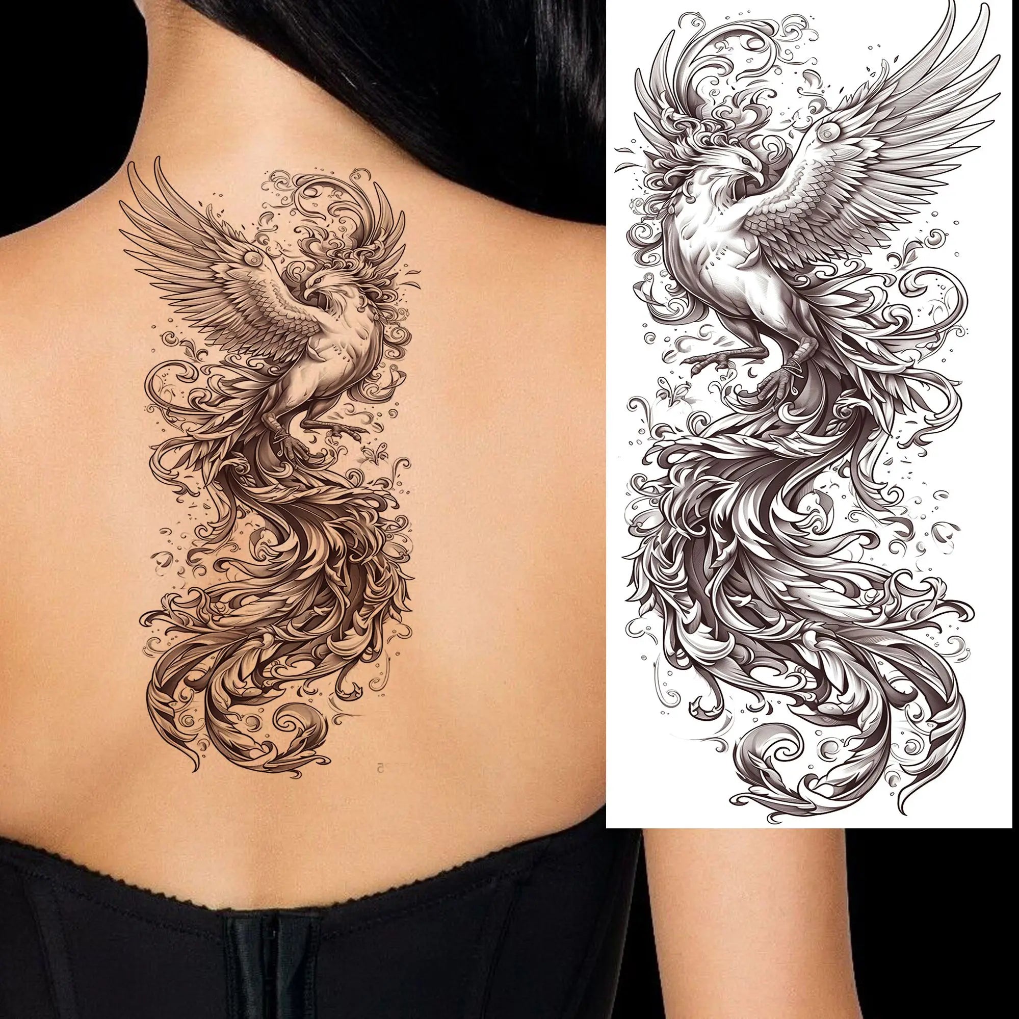 1 Sheet Phoenix Butterfly Flower Temporary Tattoo Sticker – Waterproof Realistic Fake Tattoos for Arm Back Waist