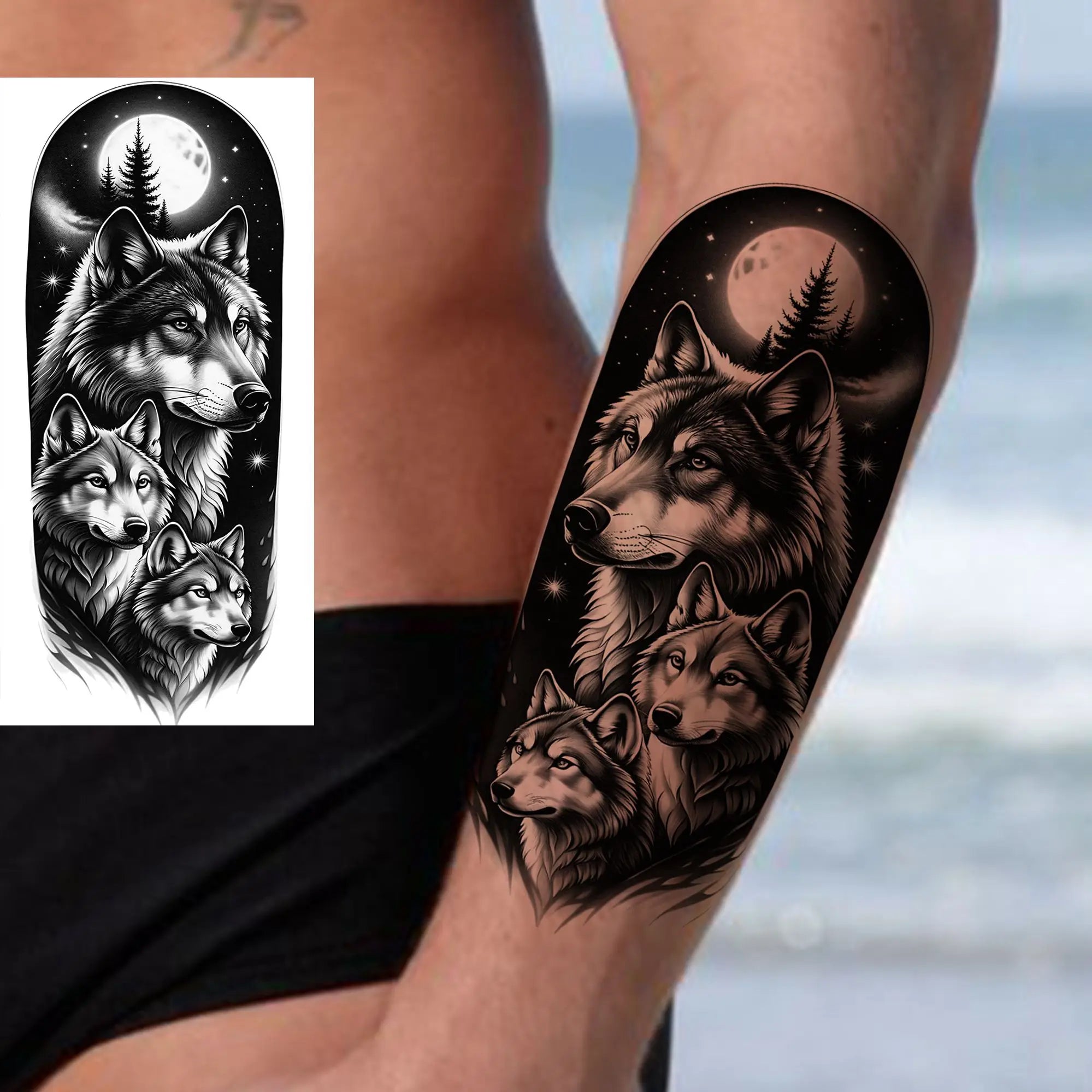 1pc Black Animal Realism Temporary Tattoo Stickers - Tiger Lion Wolf Clock Skull Eye