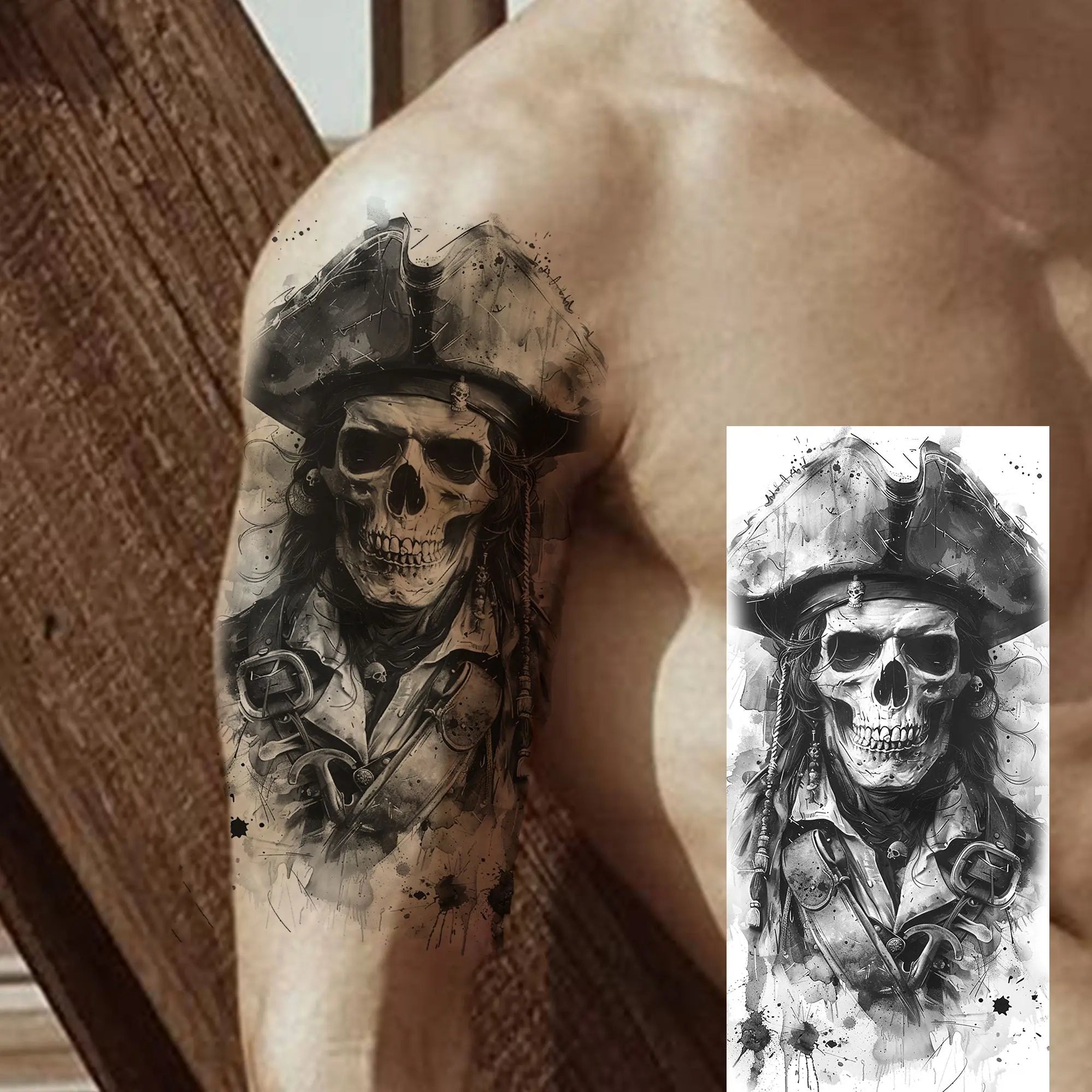 Grim Reaper Skull Pirate Temporary Tattoo – Halloween Fake Tattoo Sticker (1 Sheet)