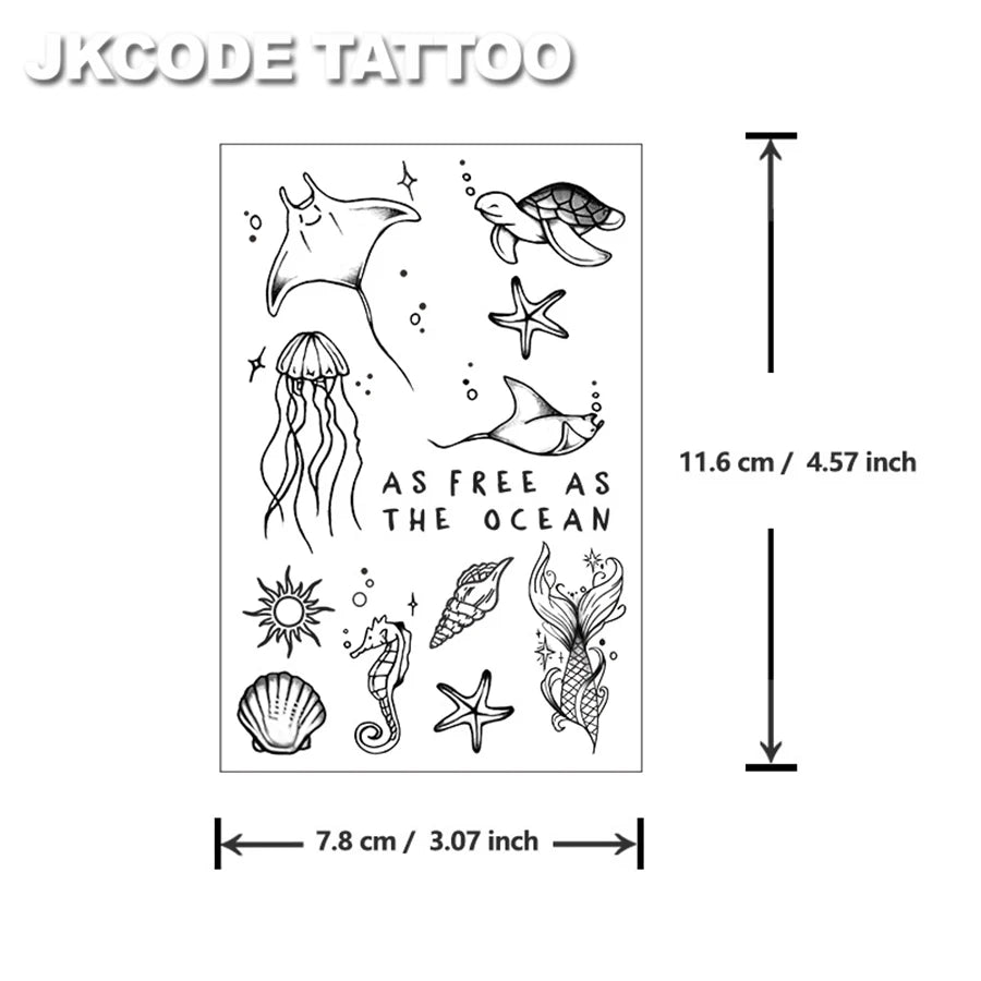Ocean Theme Tattoo Sticker – Minimal Turtle, Shell, Starfish & Jellyfish Temporary Tattoos