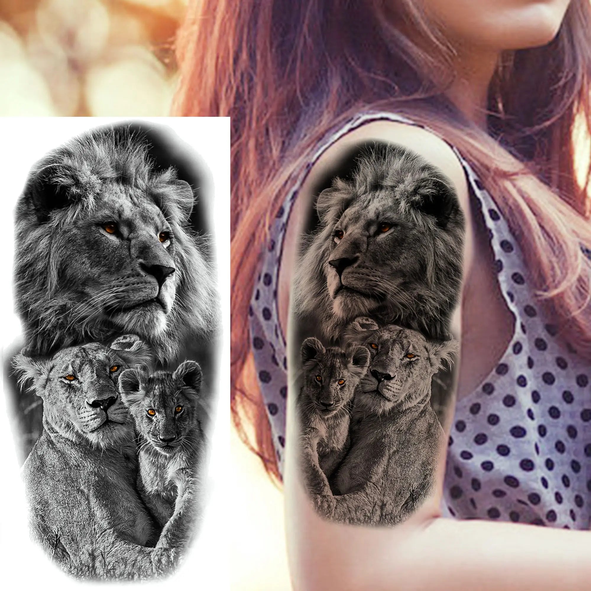 1pc Black Animal Realism Temporary Tattoo Stickers - Tiger Lion Wolf Clock Skull Eye