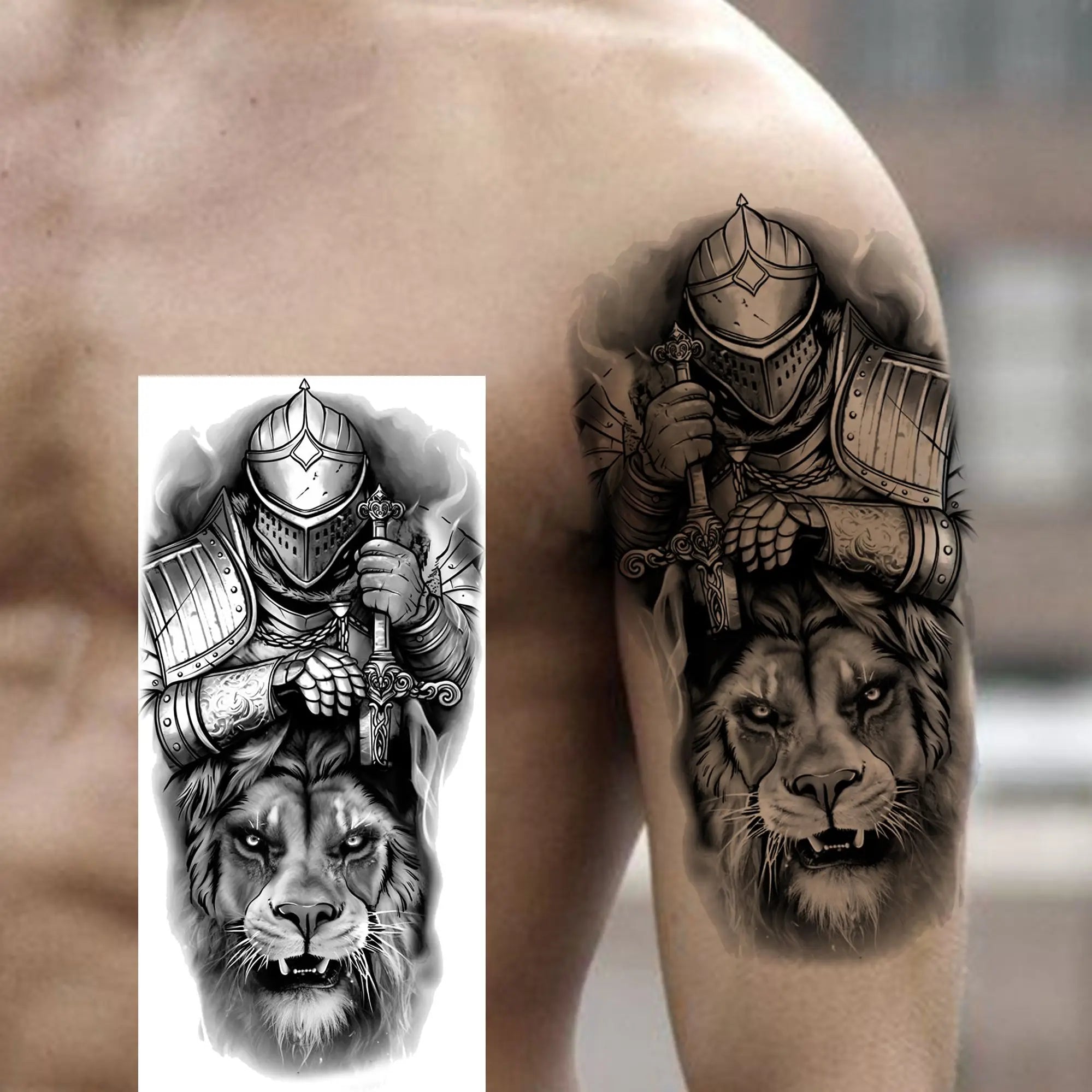 1pc Black Warrior Spartan Temporary Tattoo Stickers – Gladiator Helmet Lion Wolf Armor Design
