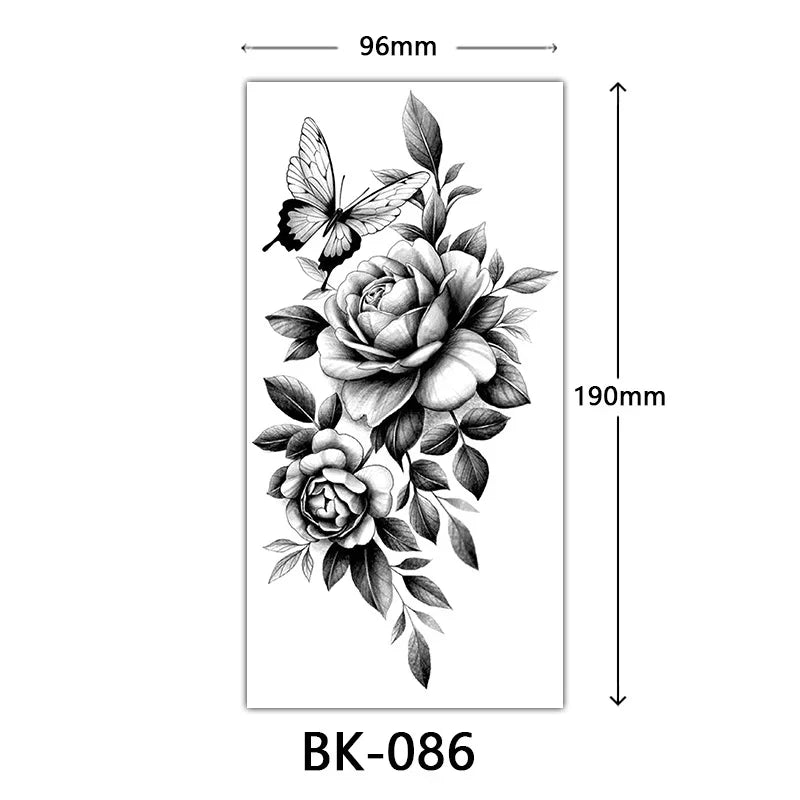 Black Floral Temporary Tattoo Stickers – Waterproof Fake Flower Tattoos for Hand, Arm, Body