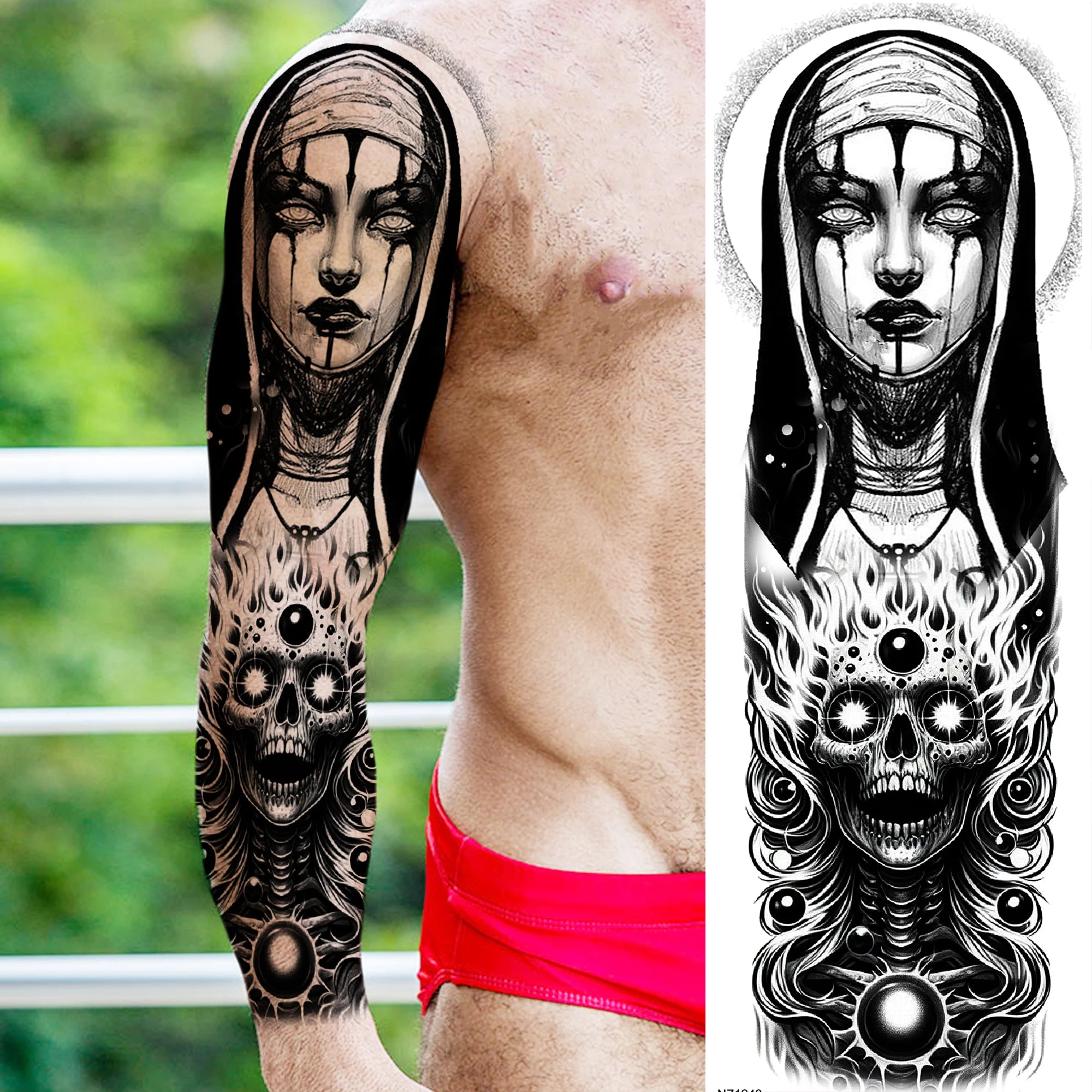 1 Sheet Zeus Jesus Skull Arm Temporary Tattoo Stickers – Waterproof Fake Sleeve Tattoo for Arm and Leg