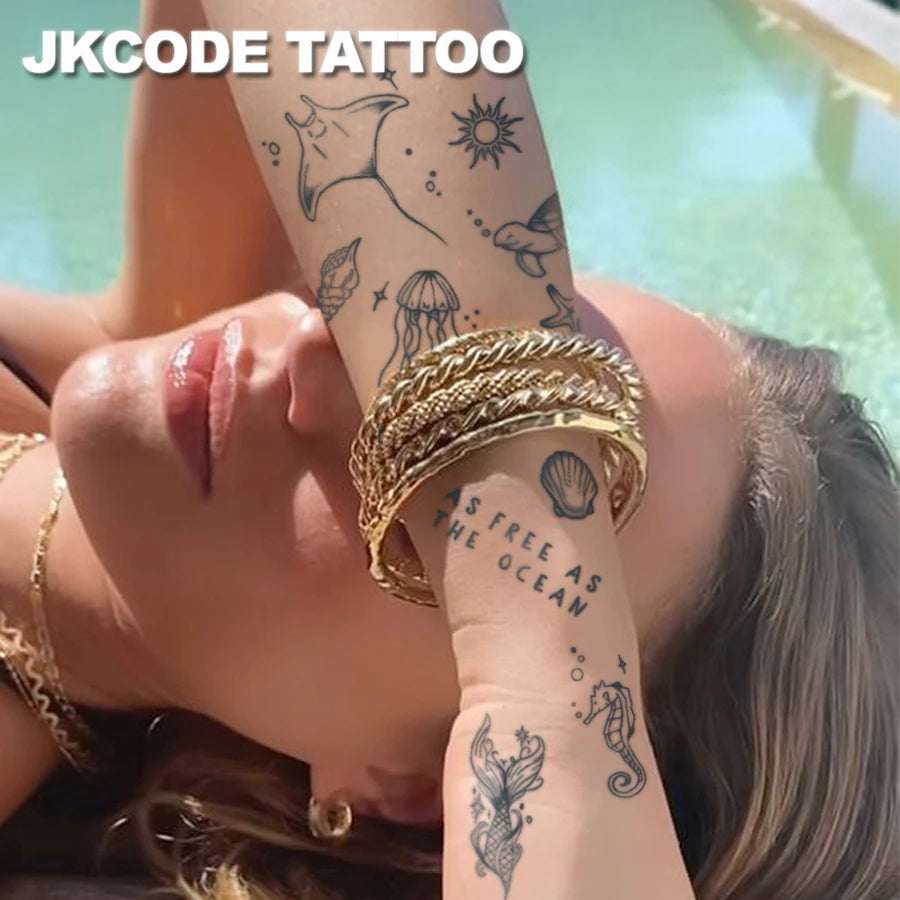 Ocean Theme Tattoo Sticker – Minimal Turtle, Shell, Starfish & Jellyfish Temporary Tattoos