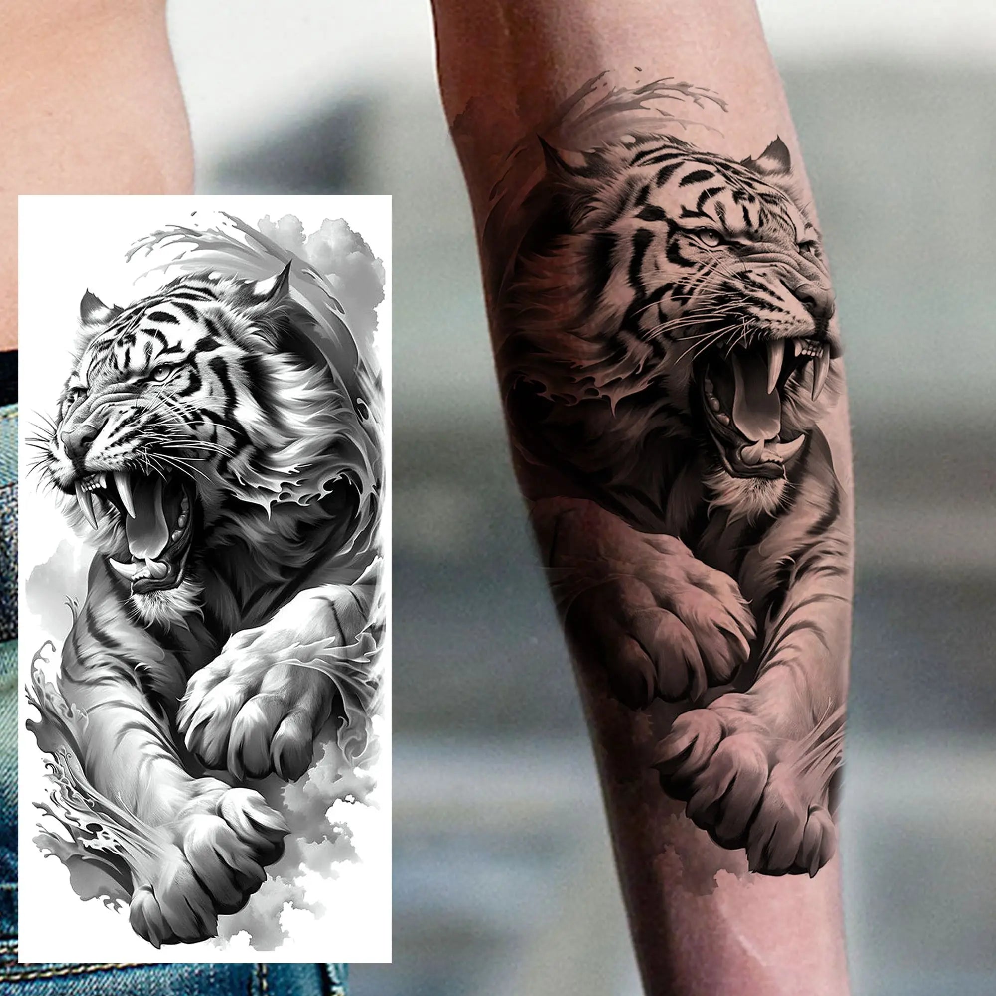1 Sheet Lion Tiger Wolf Skull Ship Temporary Tattoo Sticker – Waterproof Realistic Body Art for Arm and Chest