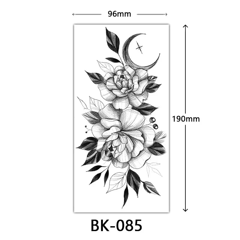 Black Floral Temporary Tattoo Stickers – Waterproof Fake Flower Tattoos for Hand, Arm, Body