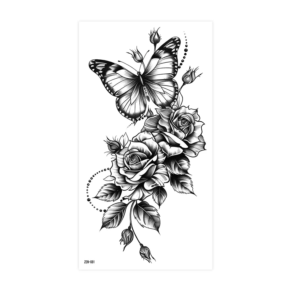 Realistic Flower Tattoo Sticker – Rose & Butterfly Design (1pc)