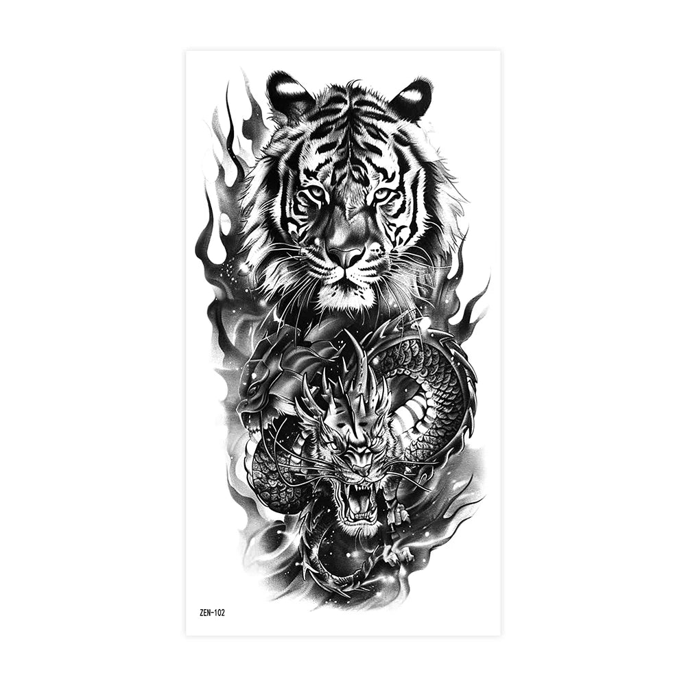 2pcs Black Lion Tiger Wolf Temporary Tattoo Stickers – Waterproof Fake Animal Sleeve Tattoos
