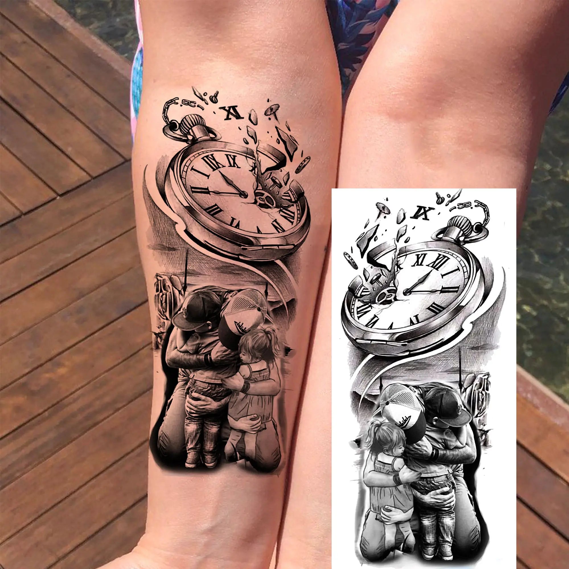 1pc Black Animal Realism Temporary Tattoo Stickers - Tiger Lion Wolf Clock Skull Eye