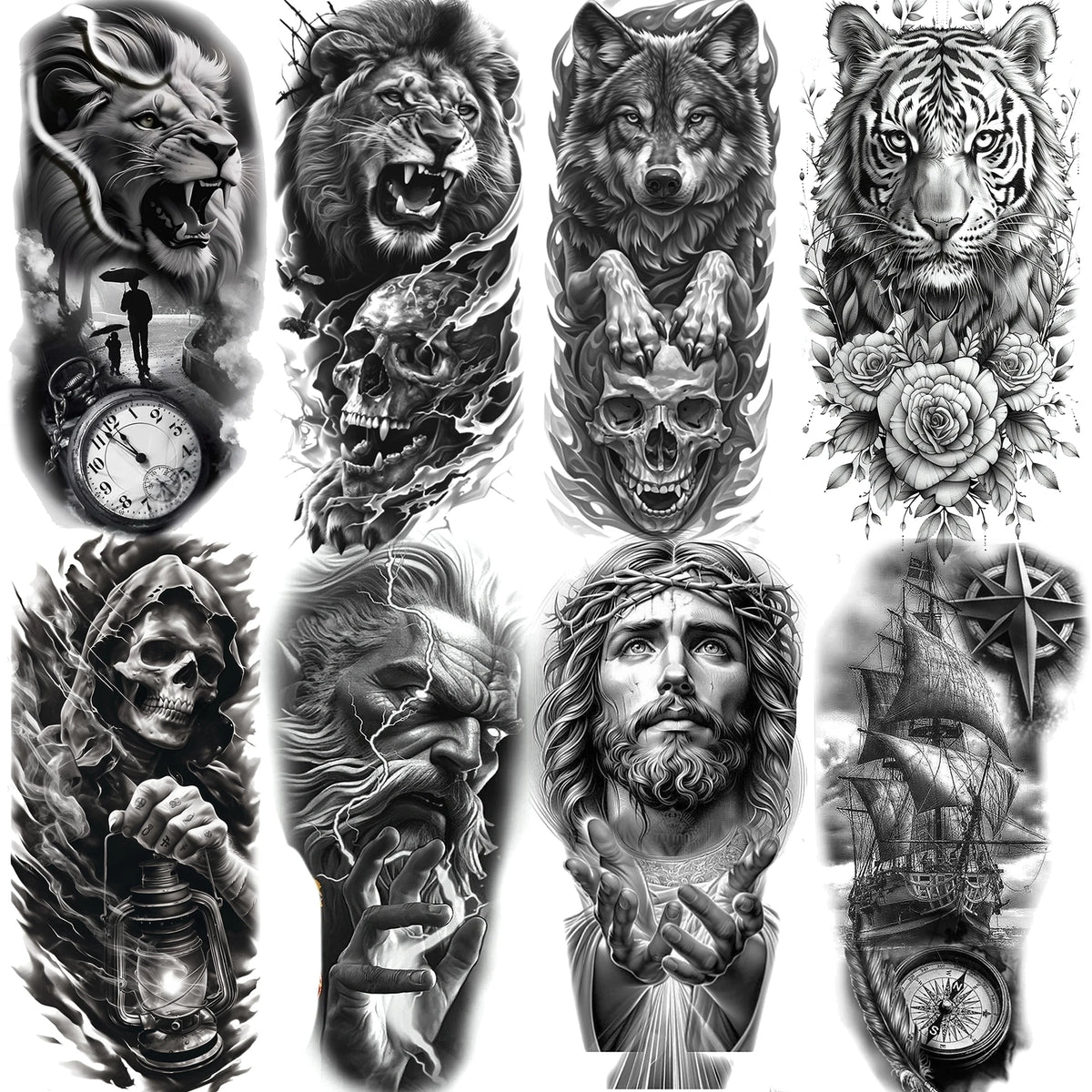 1 Sheet Lion Tiger Wolf Skull Ship Temporary Tattoo Sticker – Waterproof Realistic Body Art for Arm and Chest