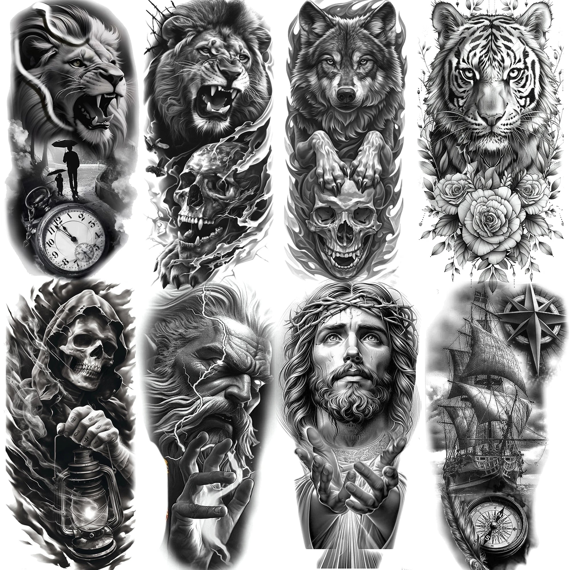 1 Sheet Lion Tiger Wolf Skull Ship Temporary Tattoo Sticker – Waterproof Realistic Body Art for Arm and Chest