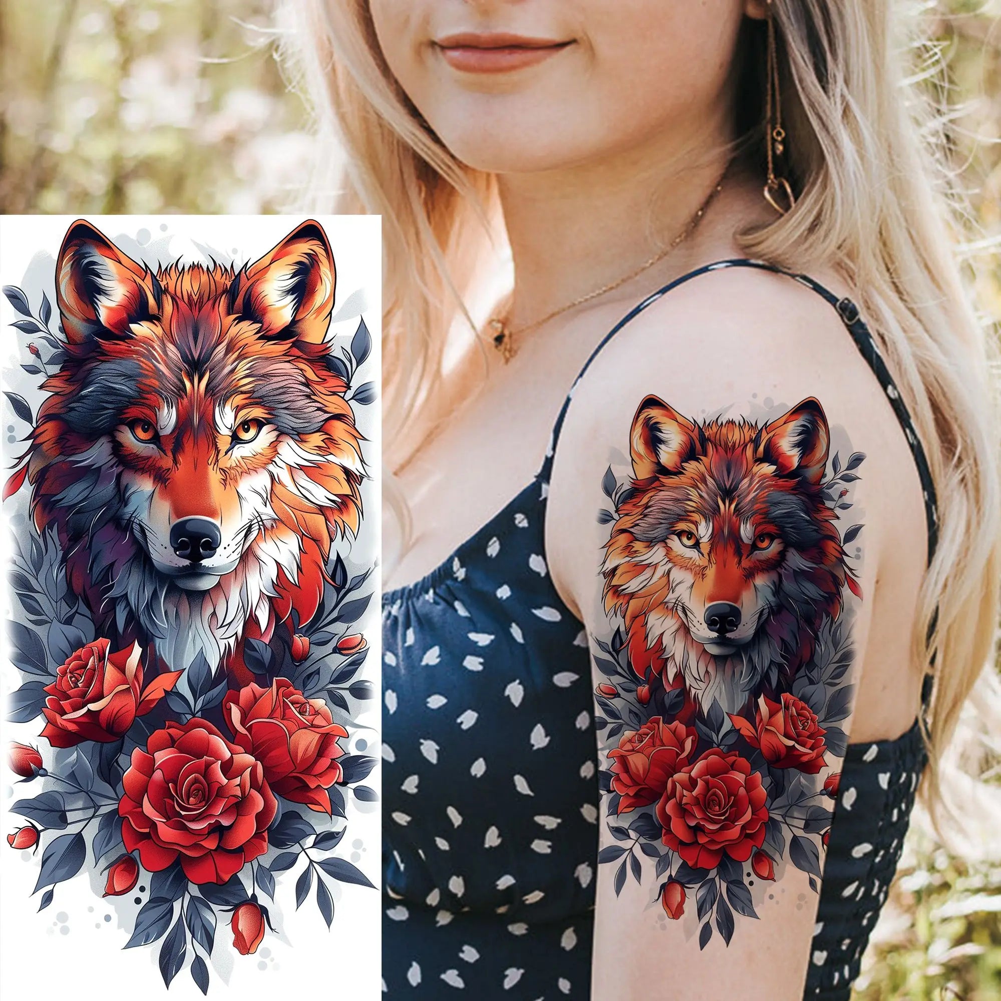 1 Sheet Watercolor Tiger Rose Temporary Tattoo Sticker – Waterproof Fake Tattoo with Floral & Bird Design
