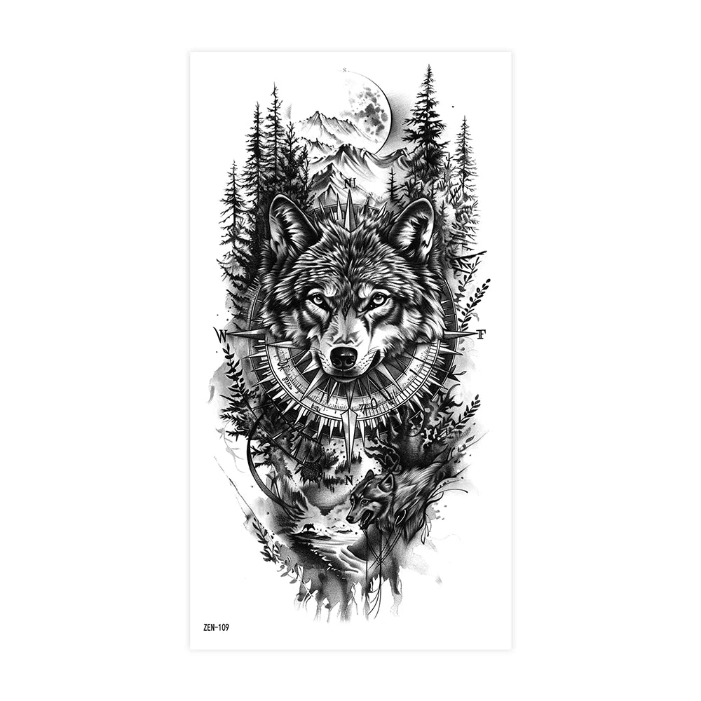 2pcs Black Lion Tiger Wolf Temporary Tattoo Stickers – Waterproof Fake Animal Sleeve Tattoos