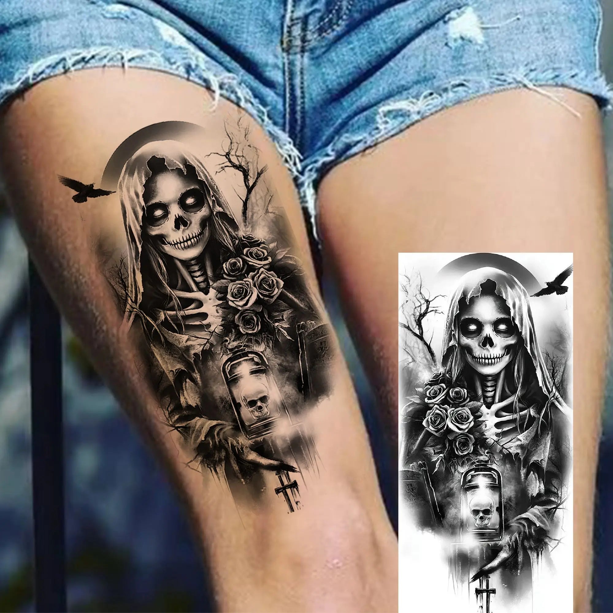 Grim Reaper Skull Pirate Temporary Tattoo – Halloween Fake Tattoo Sticker (1 Sheet)