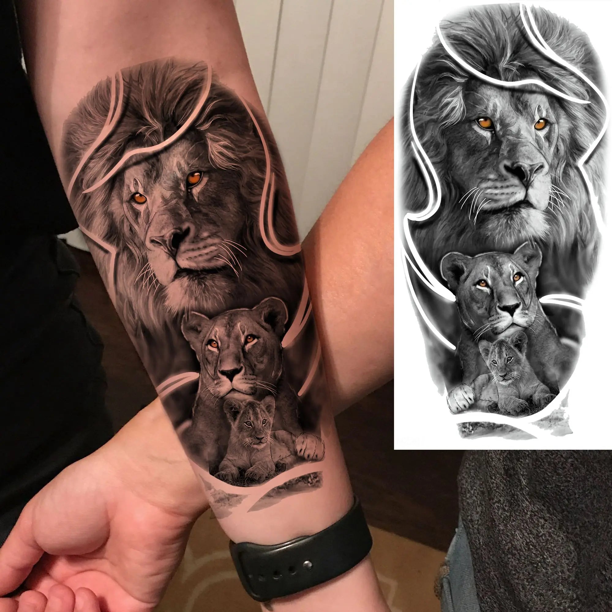 1pc Black Animal Realism Temporary Tattoo Stickers - Tiger Lion Wolf Clock Skull Eye