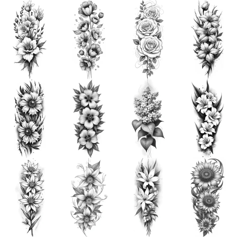 12pcs Realistic Blooming Flower Temporary Tattoos