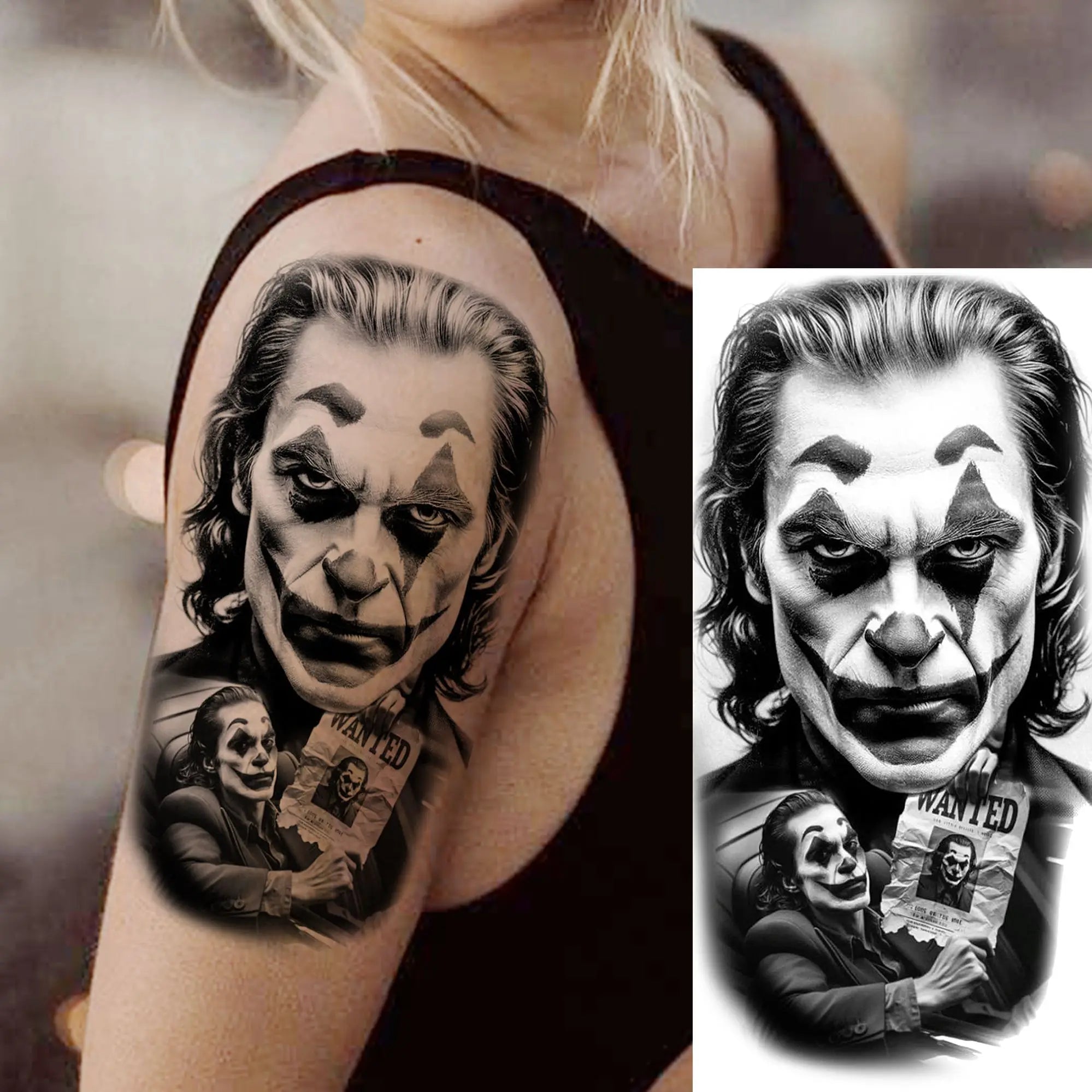 1 Sheet Gangster Joker Mask Poker Temporary Tattoo – Waterproof Fake Sleeve for Arm, Realistic Robber Rebel Design