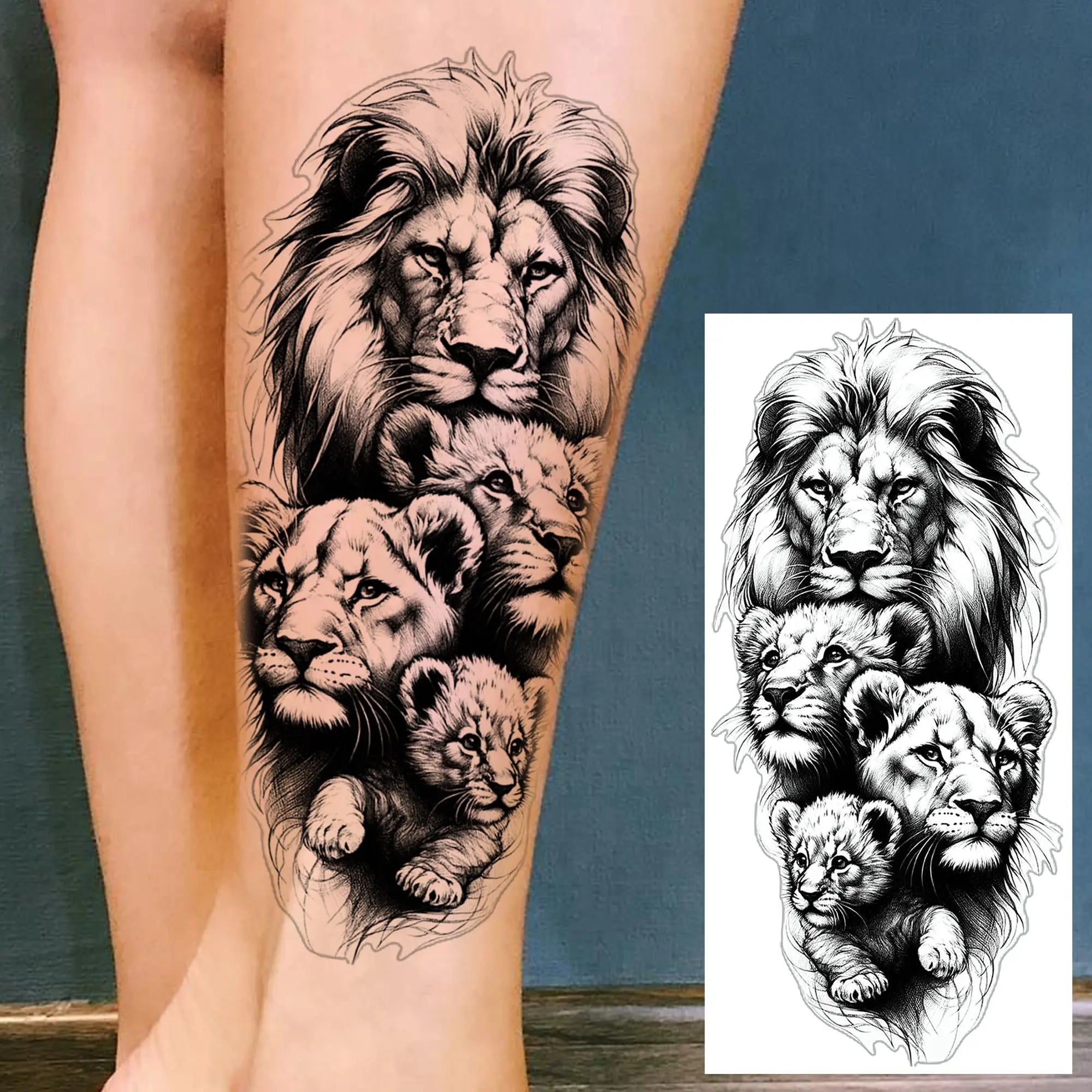 1pc Black Animal Realism Temporary Tattoo Stickers - Tiger Lion Wolf Clock Skull Eye
