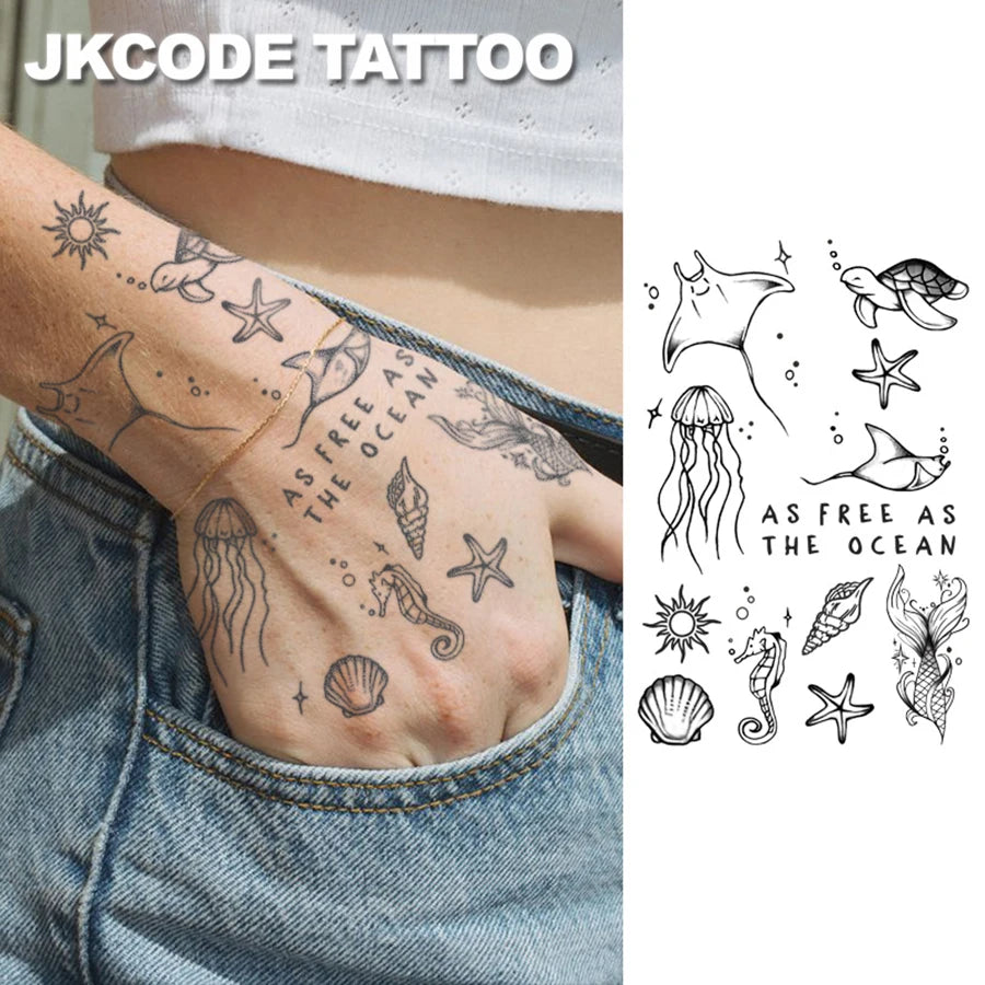 Ocean Theme Tattoo Sticker – Minimal Turtle, Shell, Starfish & Jellyfish Temporary Tattoos