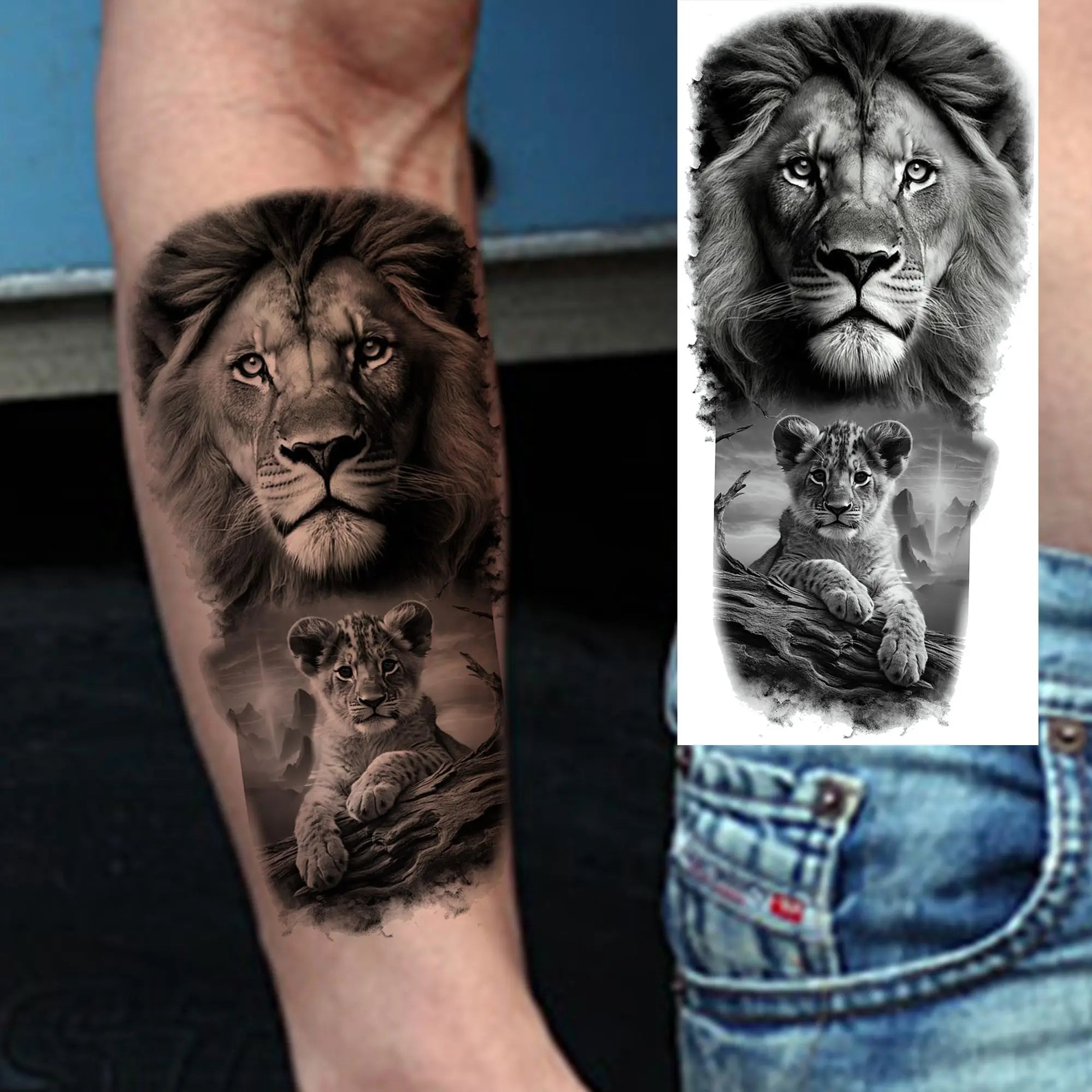 1pc Black Animal Realism Temporary Tattoo Stickers - Tiger Lion Wolf Clock Skull Eye