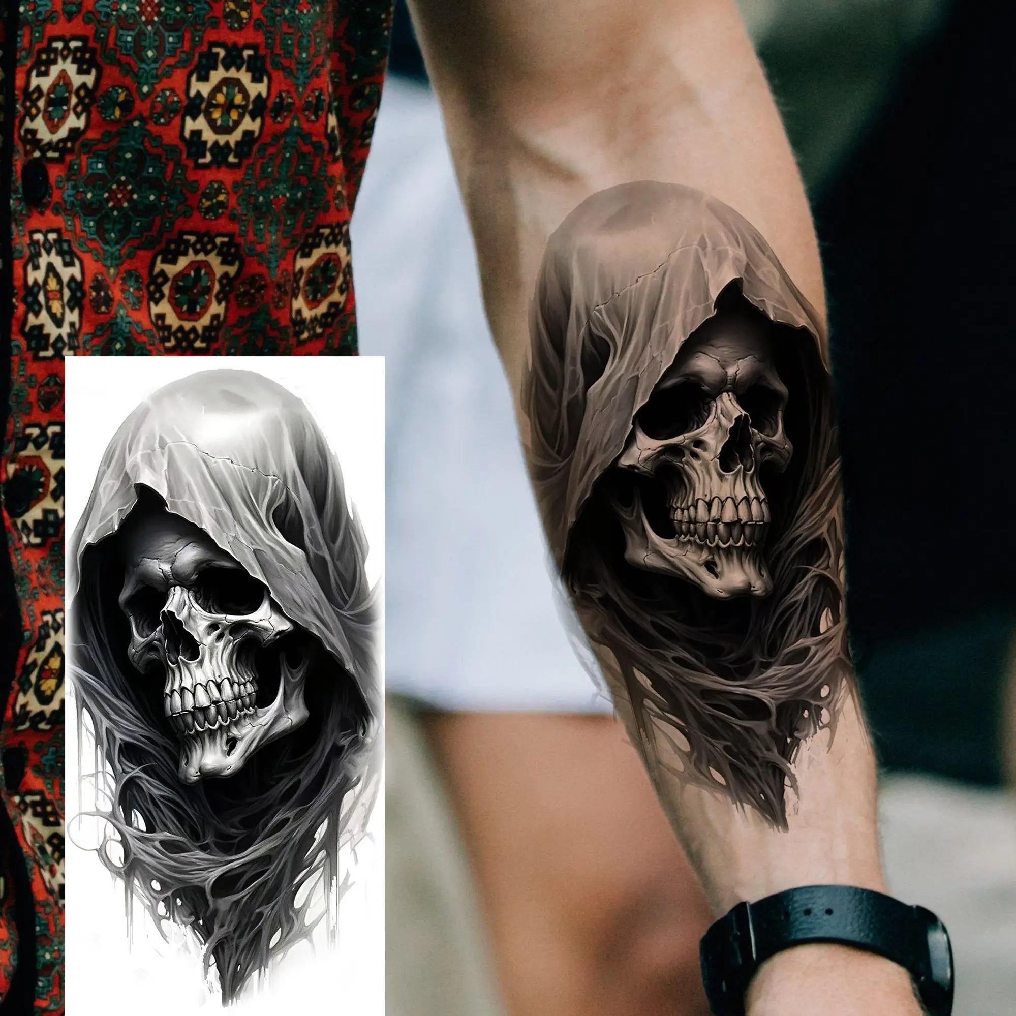 Grim Reaper Skull Pirate Temporary Tattoo – Halloween Fake Tattoo Sticker (1 Sheet)