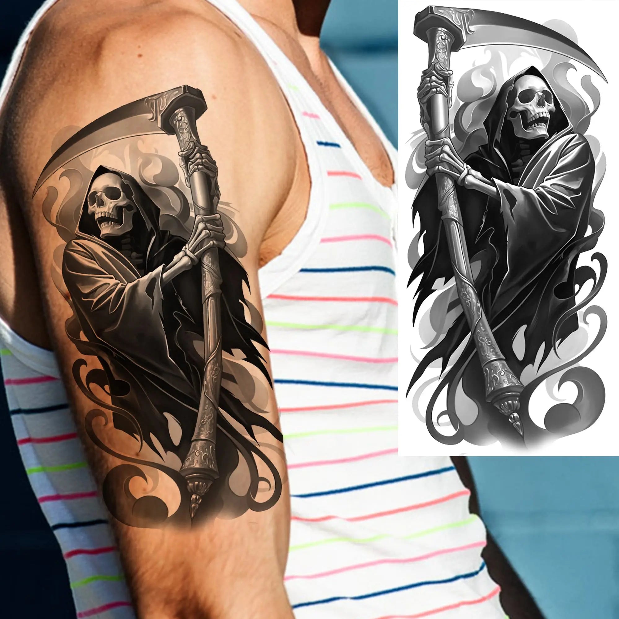 Grim Reaper Skull Pirate Temporary Tattoo – Halloween Fake Tattoo Sticker (1 Sheet)