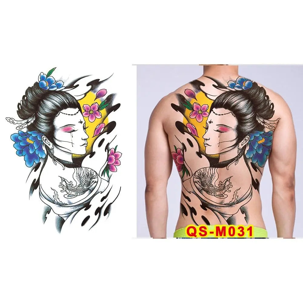 Full Back Water Transfer Tattoo Stickers – Angel Wings, Cross, Warrior Style Fake Tattoo for Men