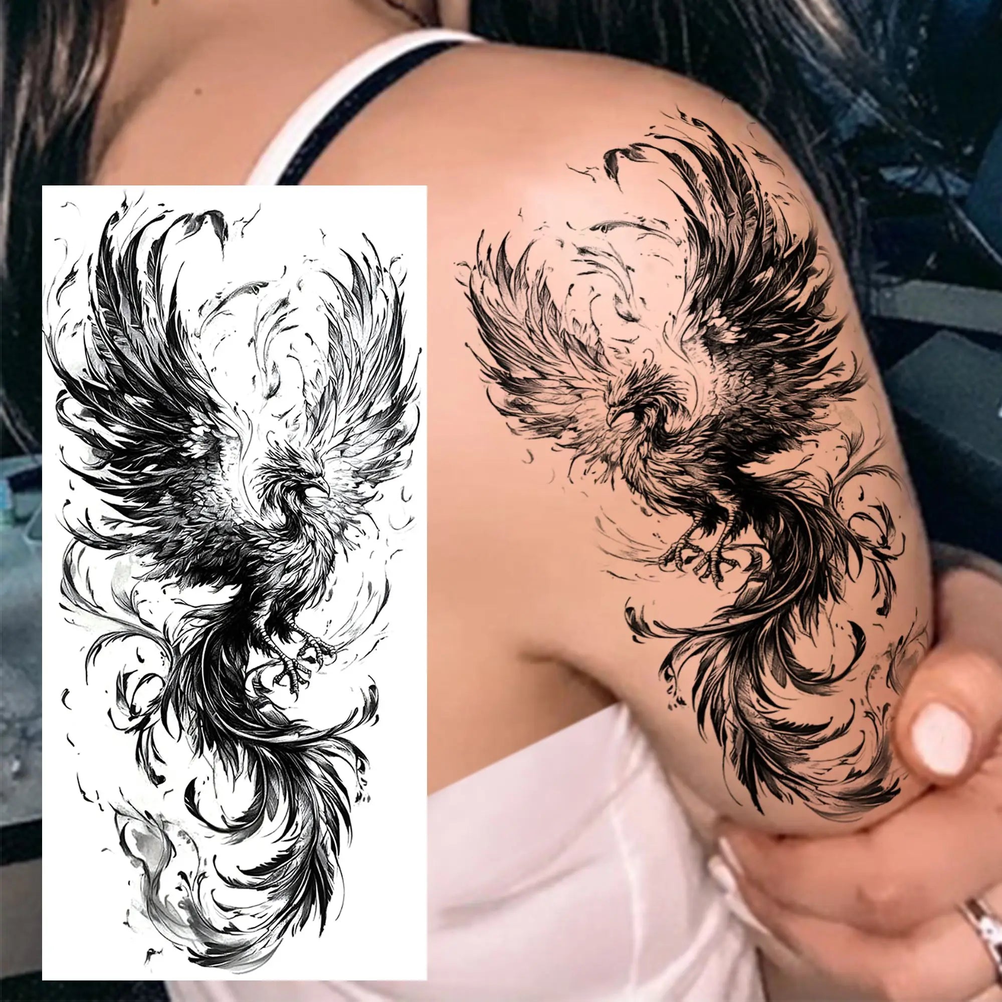 1 Sheet Phoenix Butterfly Flower Temporary Tattoo Sticker – Waterproof Realistic Fake Tattoos for Arm Back Waist