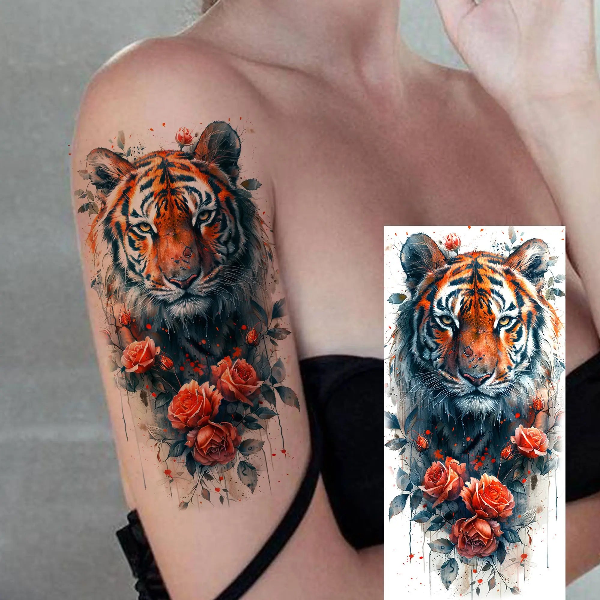 1 Sheet Watercolor Tiger Rose Temporary Tattoo Sticker – Waterproof Fake Tattoo with Floral & Bird Design